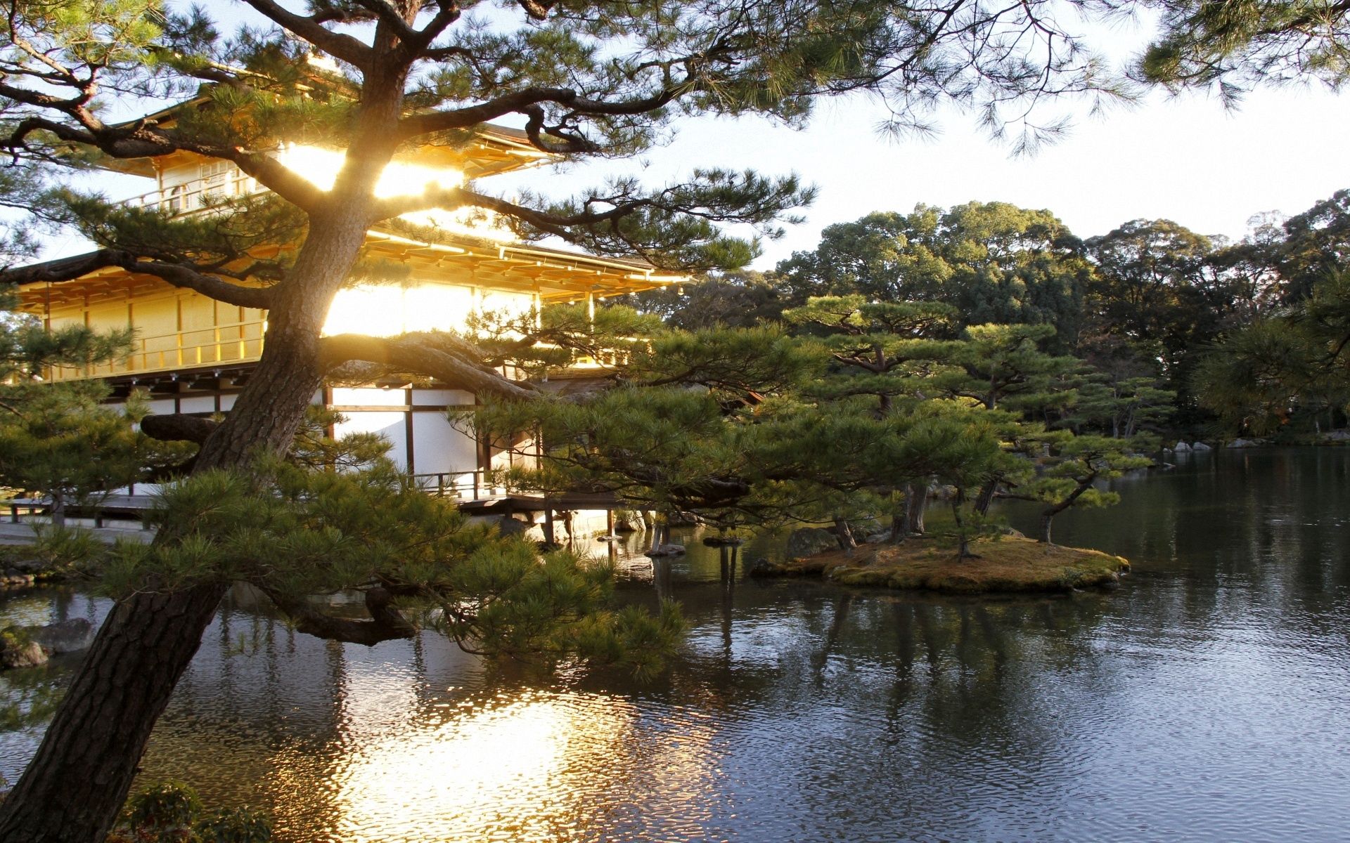 Download mobile wallpaper Garden, Mansion, Evening, Trees, Nature, Water, Japan for free.