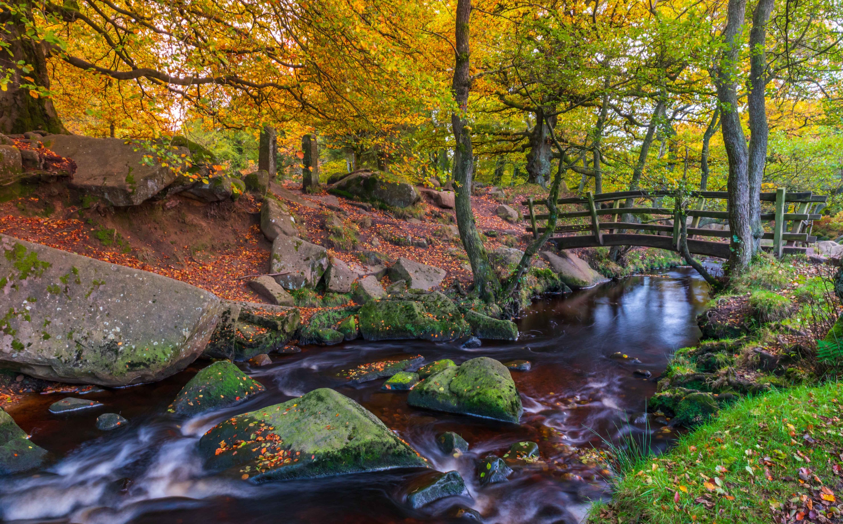 Free download wallpaper Nature, Forest, Park, Fall, Bridge, Stone, River, Photography on your PC desktop