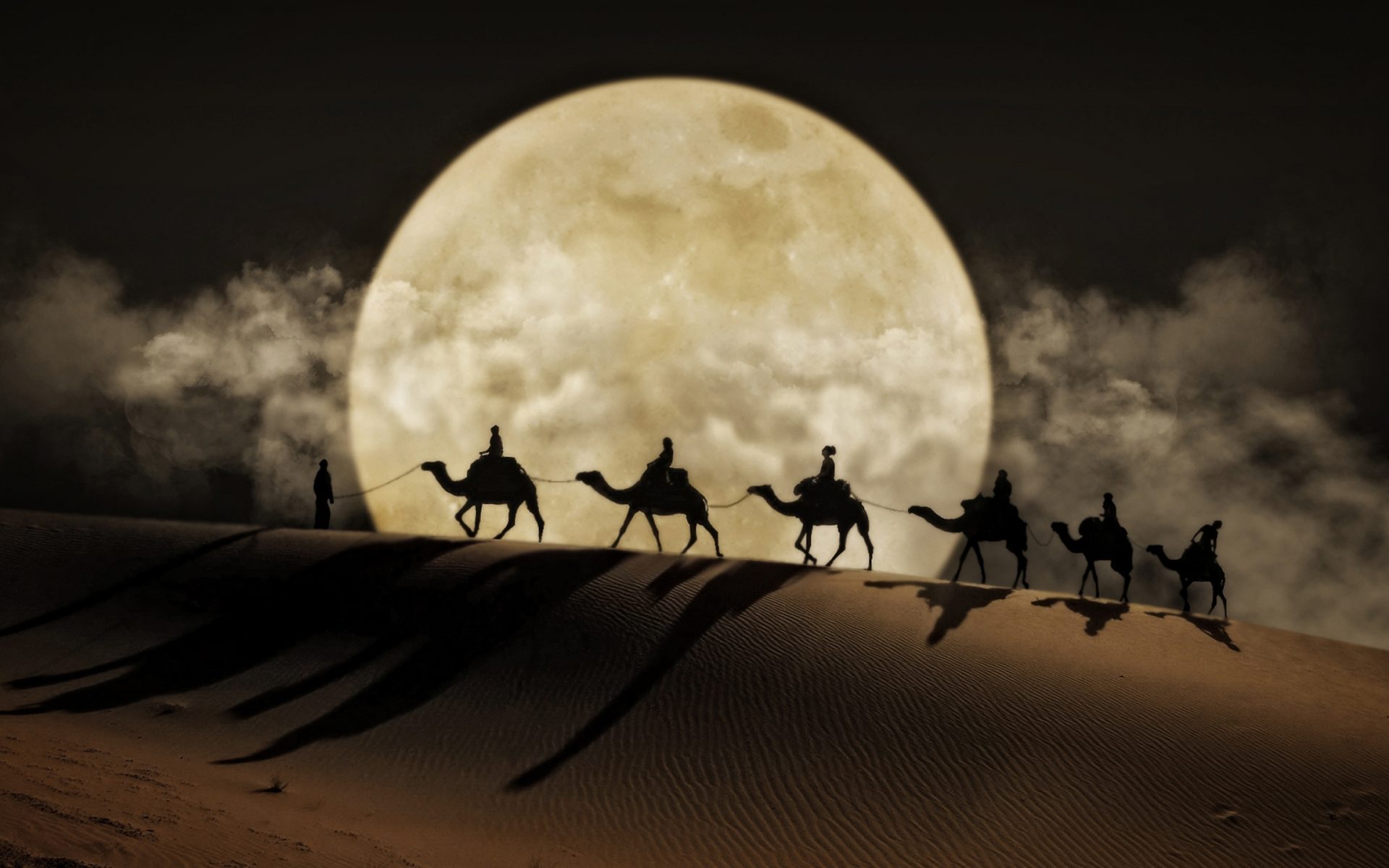 Скачати мобільні шпалери Місяць, Пустеля, Силует, Художній, Верблюд безкоштовно.