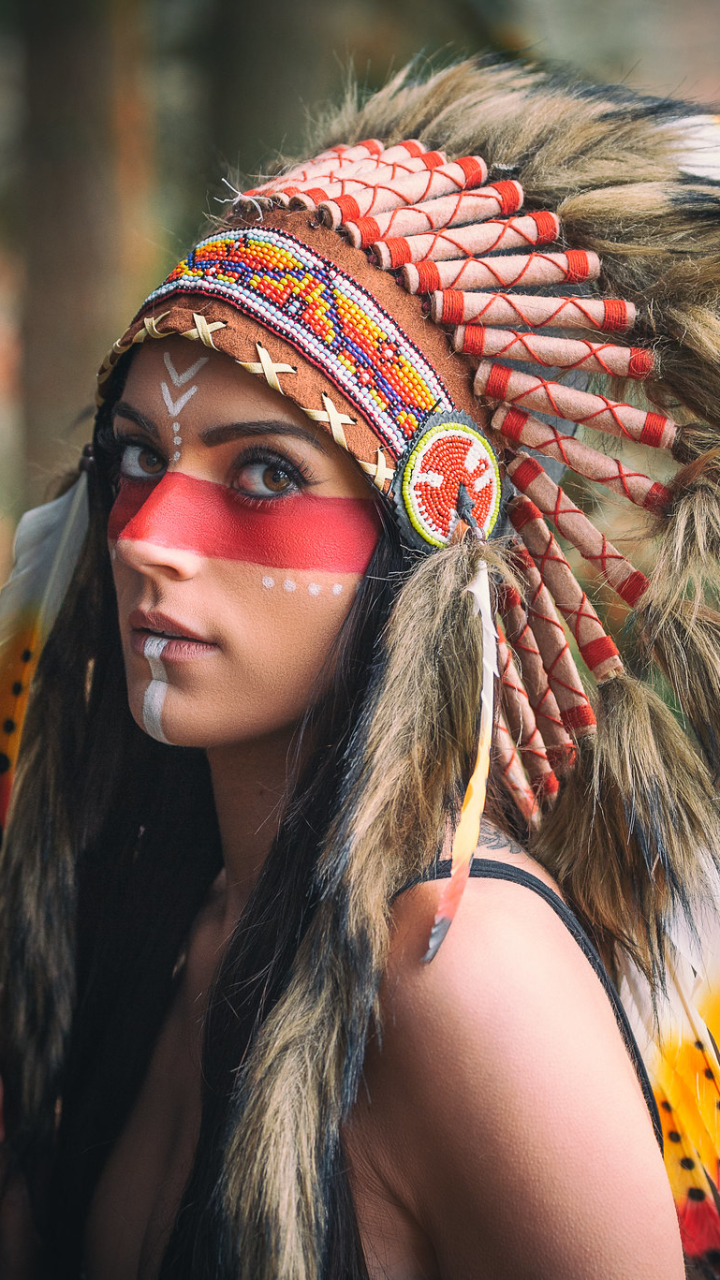 Download mobile wallpaper Feather, Women, Headdress, Brown Eyes, Native American for free.