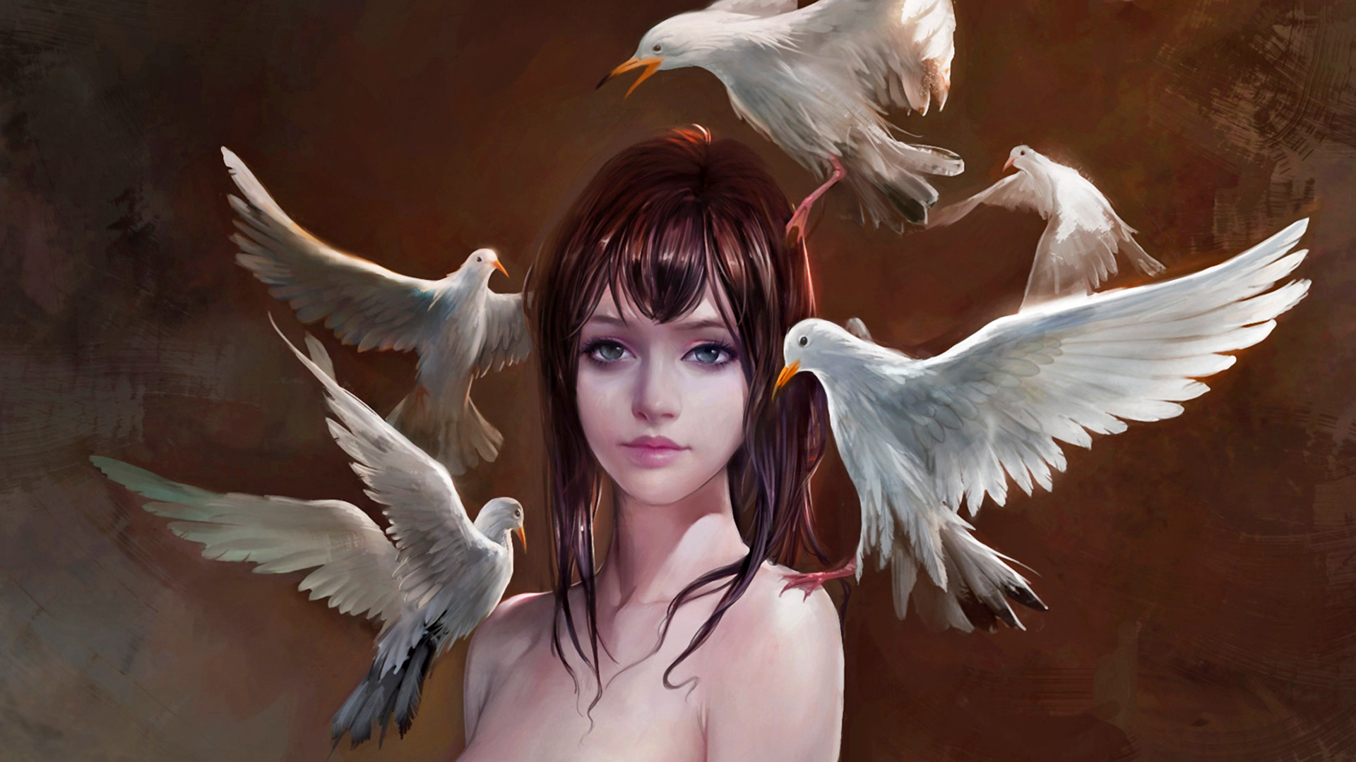 Download mobile wallpaper Fantasy, Bird, Dove, Women, Brown Hair for free.