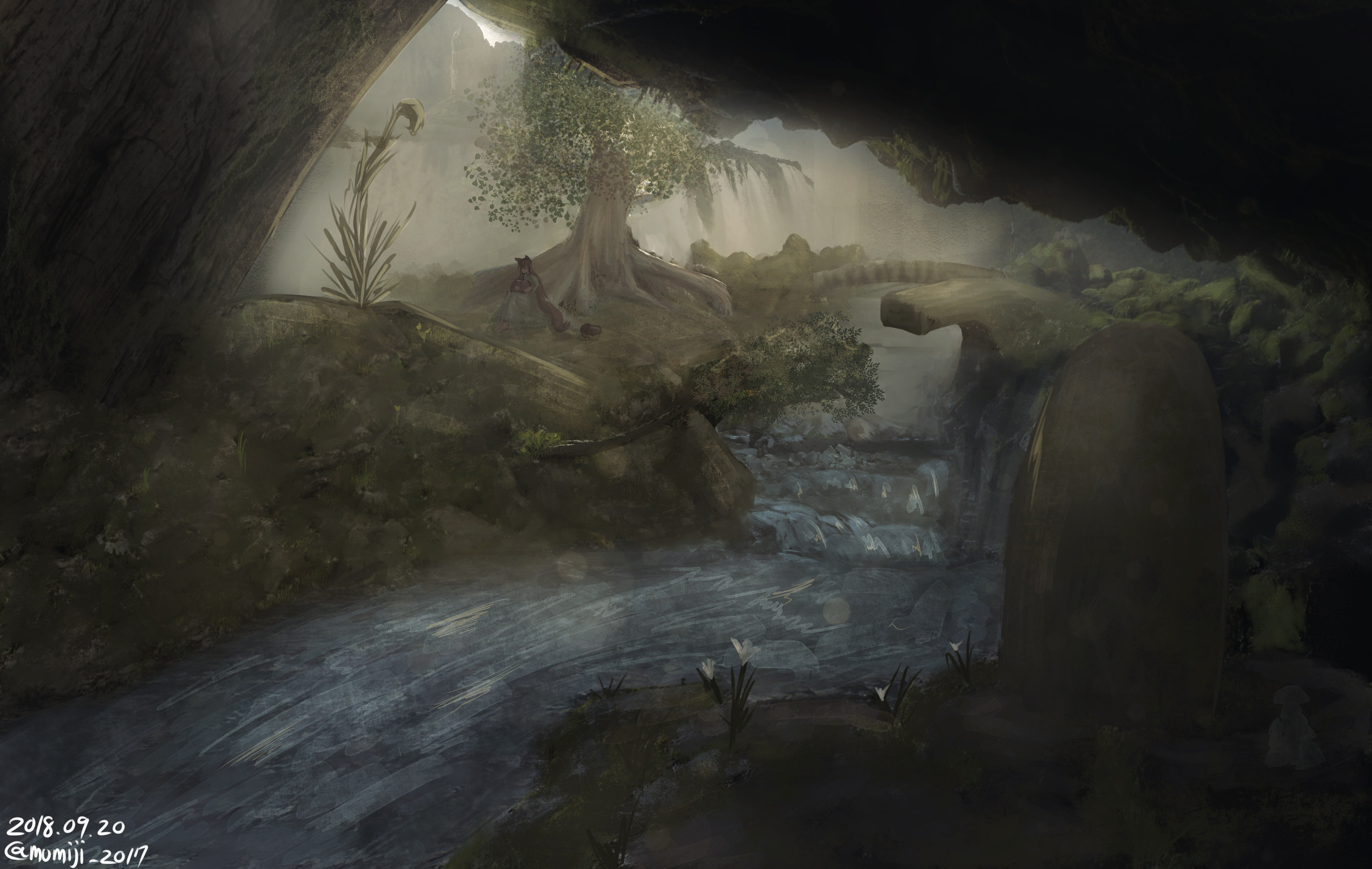 Free download wallpaper Anime, Tree, Cave, River, Animal Ears on your PC desktop