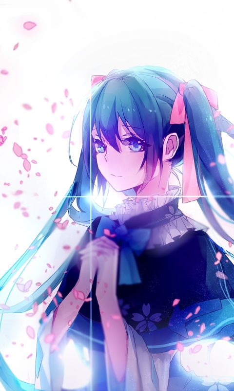 Download mobile wallpaper Anime, Flower, Light, Vocaloid, Blue Eyes, Cherry Blossom, Blue Hair, Hatsune Miku, Long Hair, Twintails, Bow (Clothing) for free.