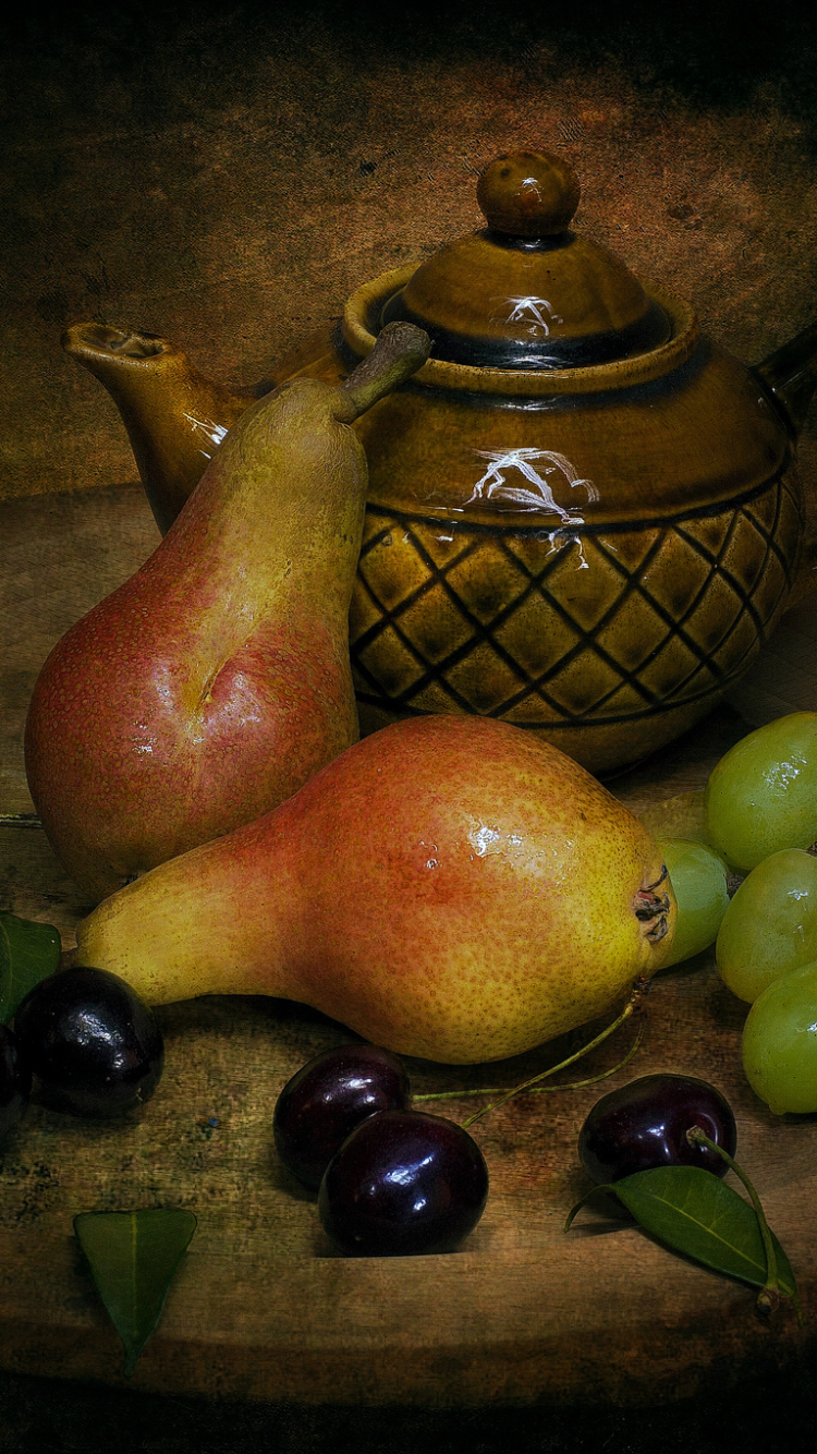 Download mobile wallpaper Cherry, Grapes, Still Life, Fruit, Teapot, Photography, Pear for free.