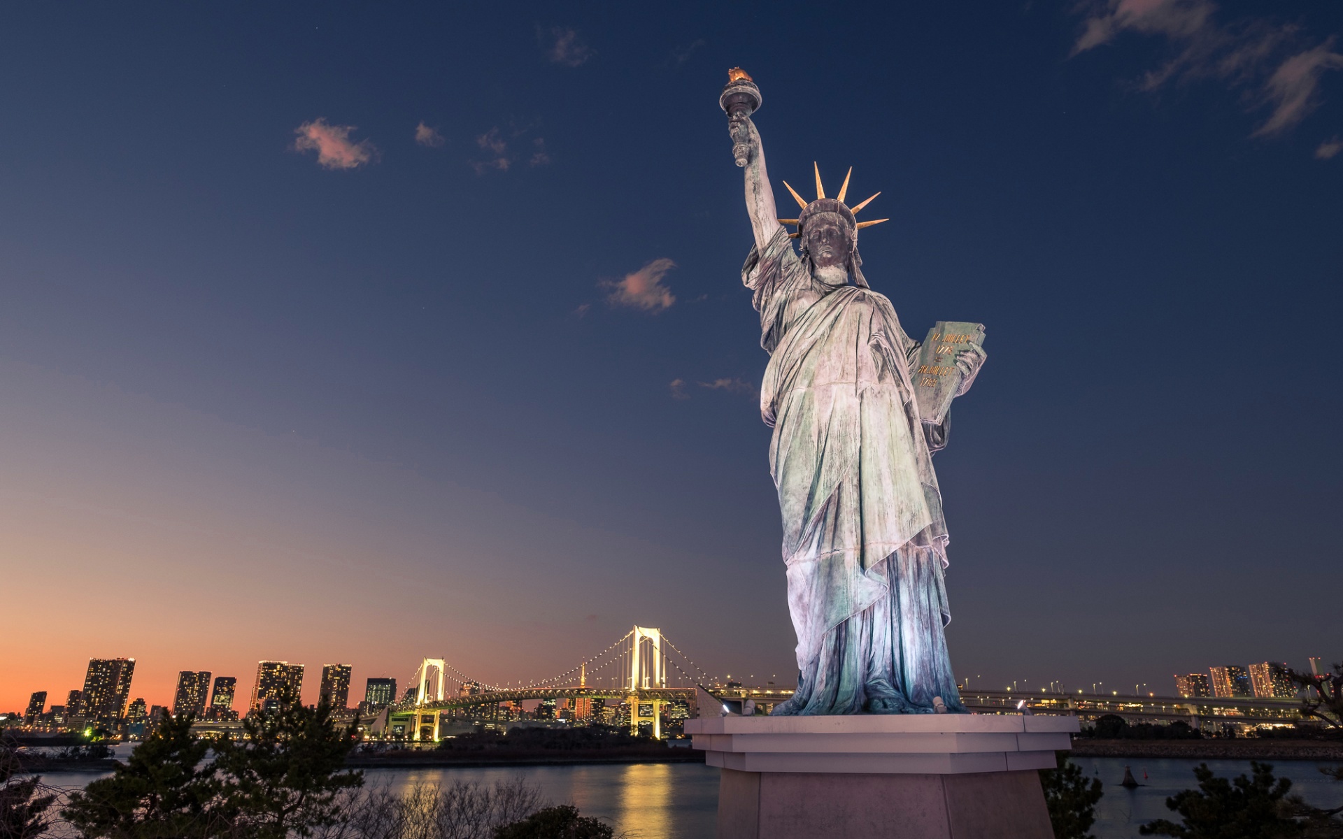 man made, statue of liberty, japan, rainbow bridge, tokyo