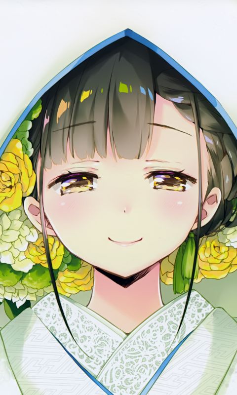 Handy-Wallpaper Blume, Lächeln, Kimono, Haube, Flechten, Gelbe Augen, Original, Animes, Schwarzes Haar, Kurzes Haar kostenlos herunterladen.