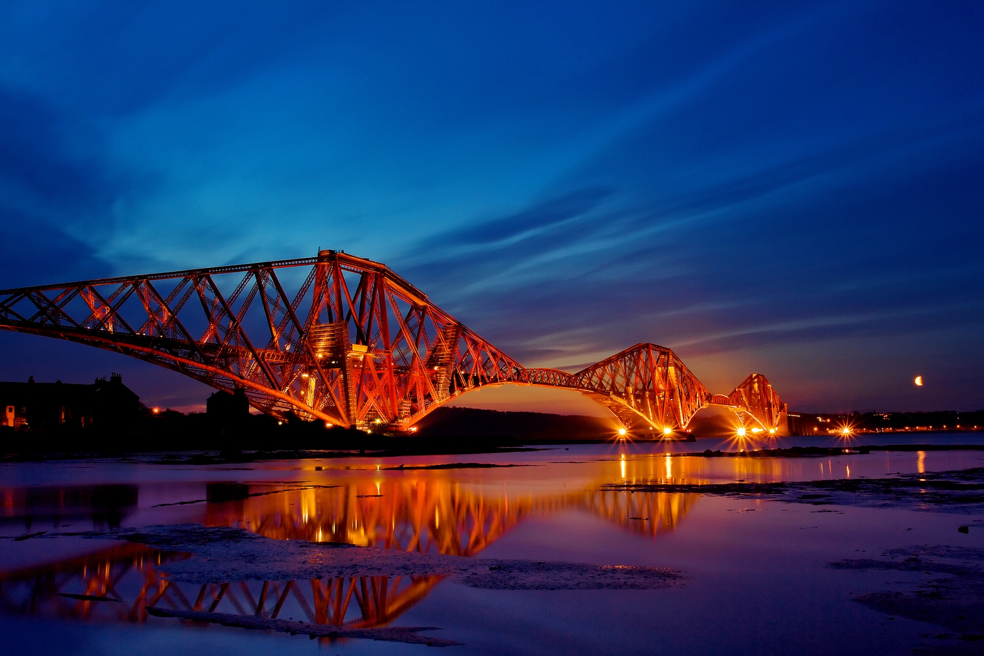 Download mobile wallpaper Construction, Evening, Cities, Rivers, Scotland, Lights, Design for free.