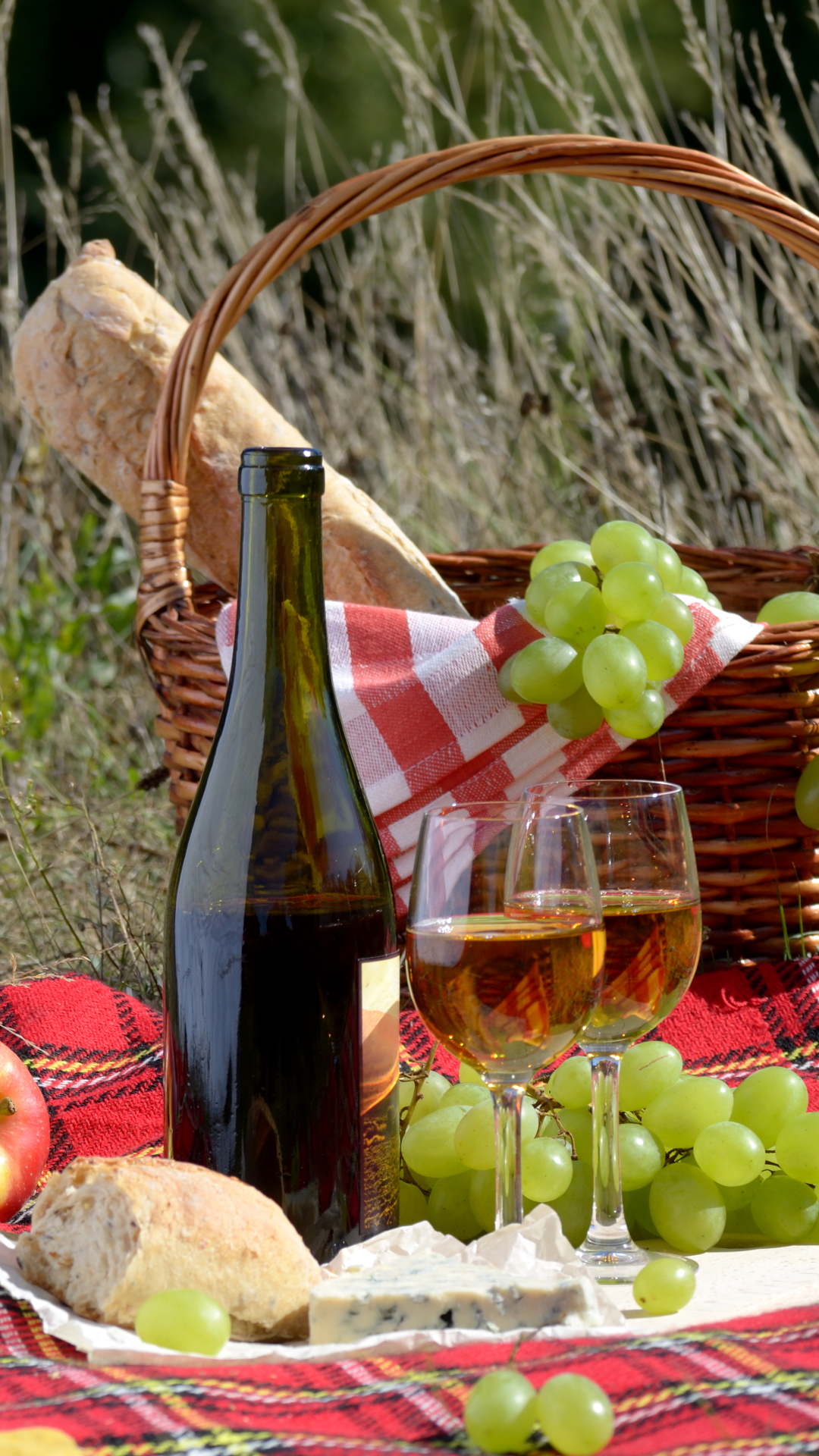 picnic, photography, bread, glass, bottle, basket, apple, wine, grapes