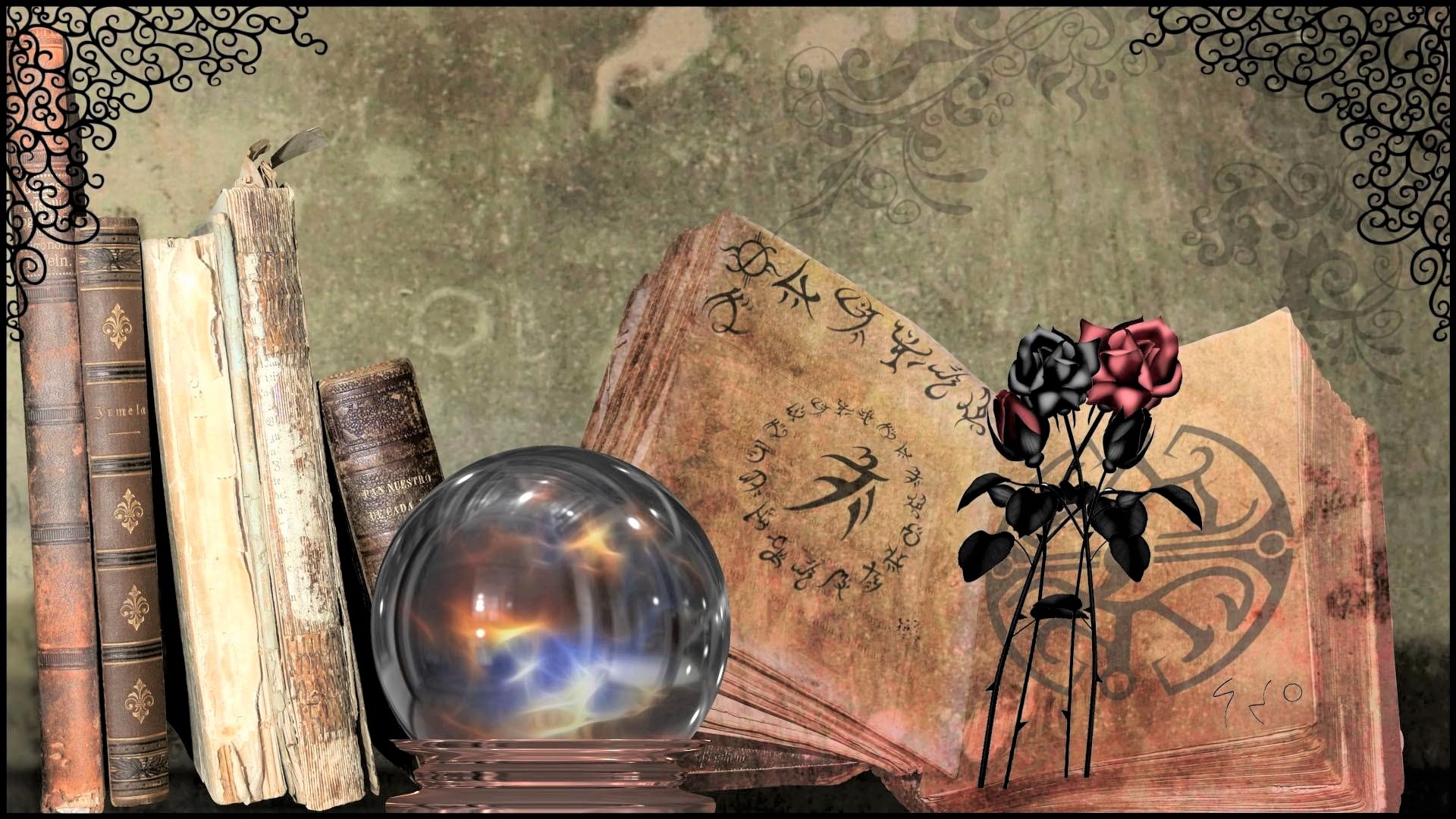 crystal ball, artistic, still life, book, magic, rose
