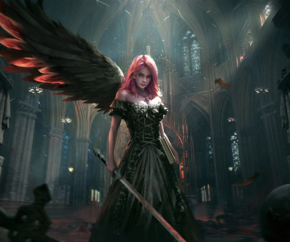 fantasy, angel warrior, pink hair, church, cathedral, sword, wings, angel, dark, fallen angel