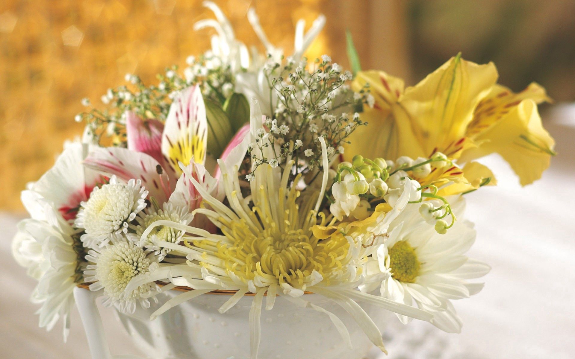 flowers, chrysanthemum, lilies, lily of the valley, close up, bouquet, bowl, gypsophilus, gipsophile, tenderness