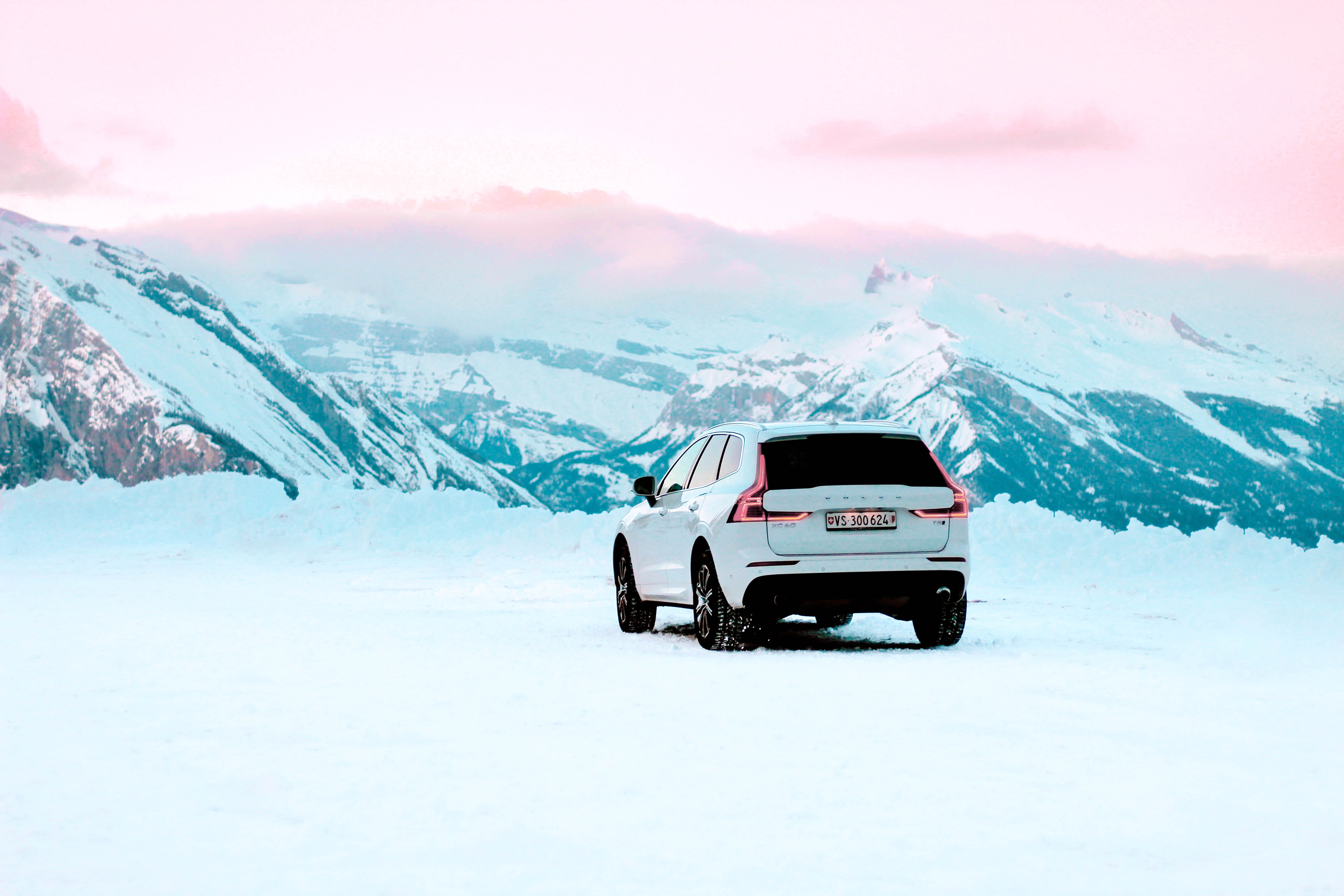 volvo, car, volvo xc60, cars, suv, white, mountains, snow