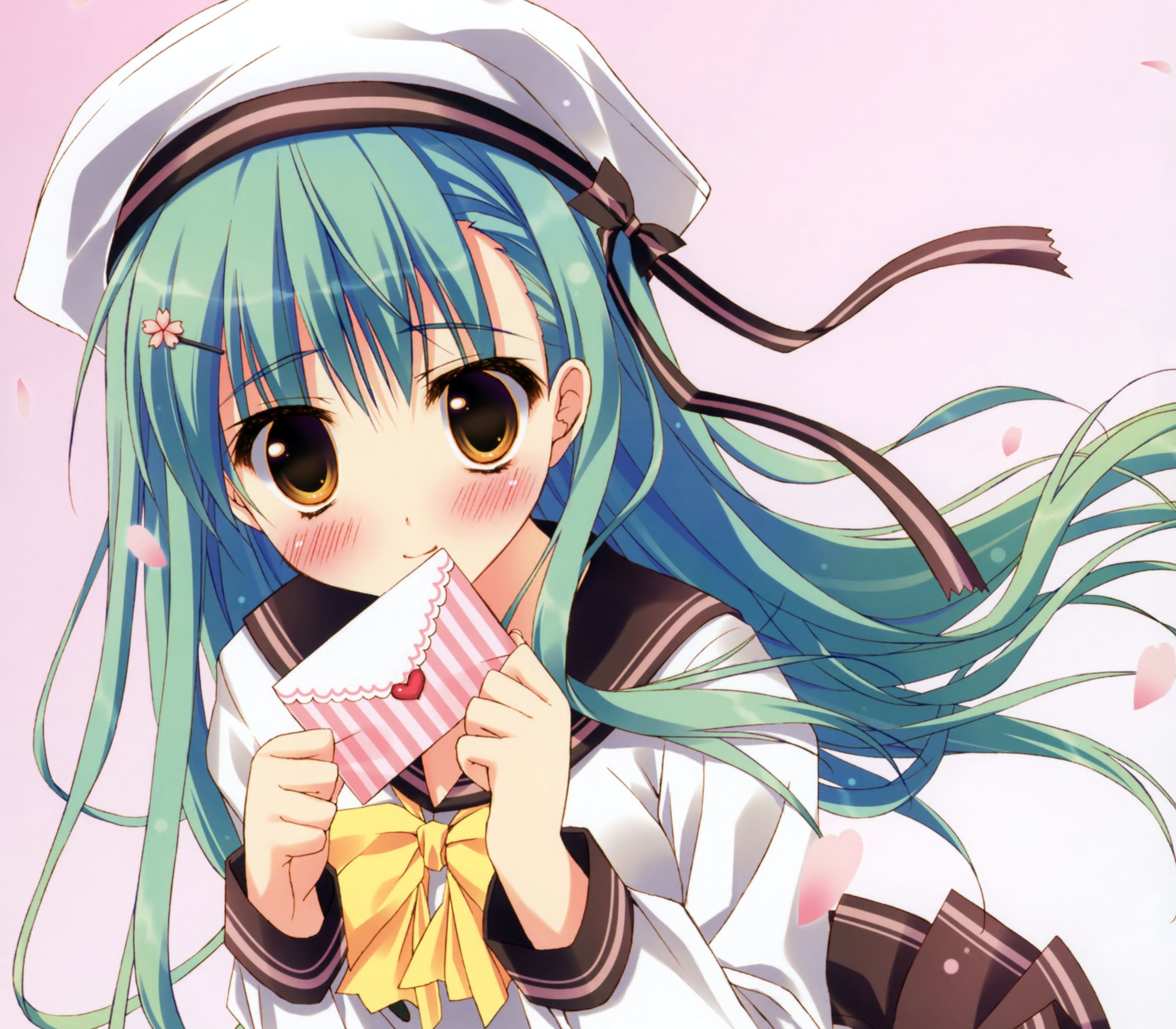 Download mobile wallpaper Anime, Hat, Letter, Cherry Blossom, Original, Blue Hair for free.