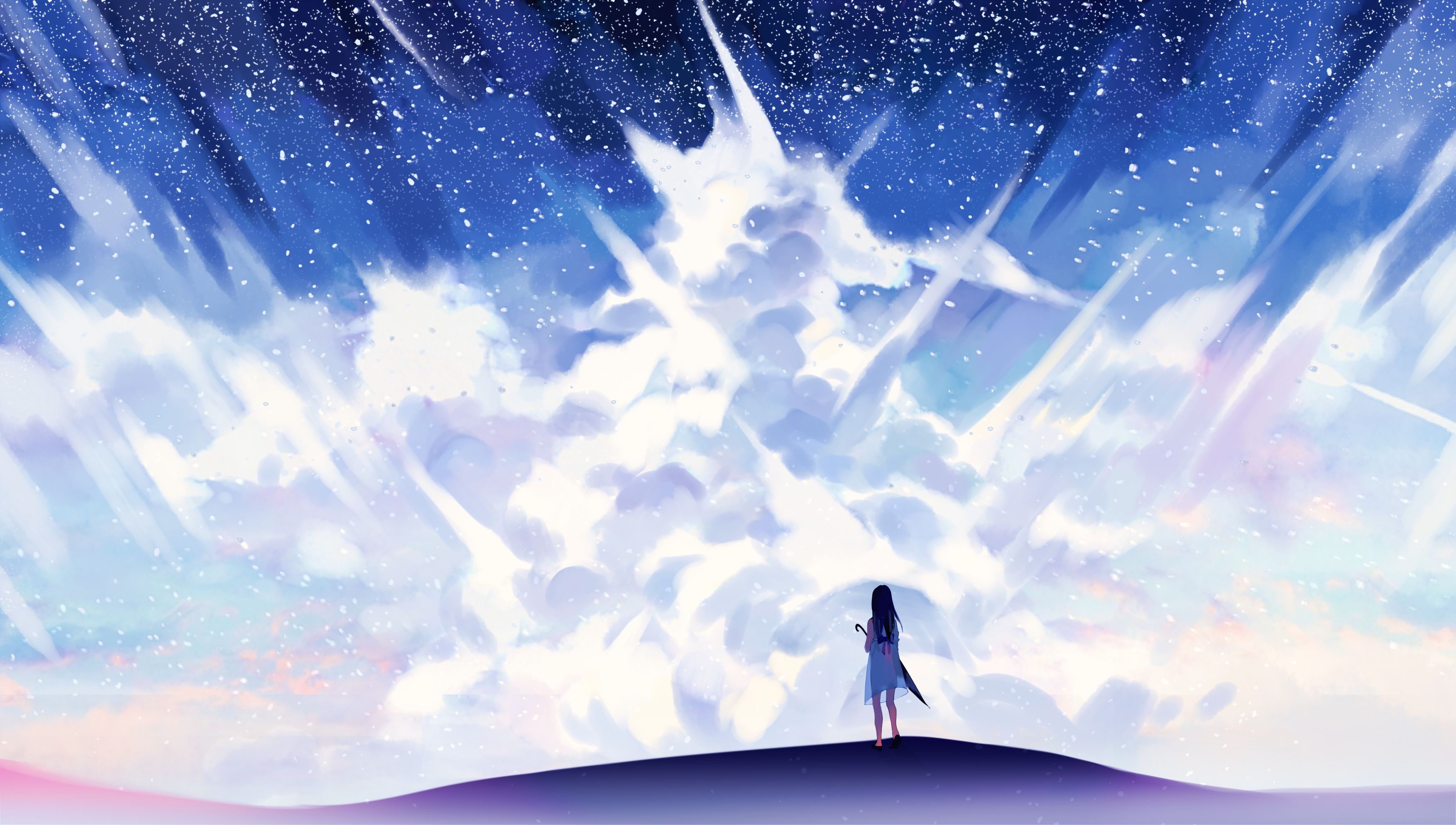 Free download wallpaper Anime, Sky, Stars, Umbrella, Original, Black Hair, Long Hair on your PC desktop