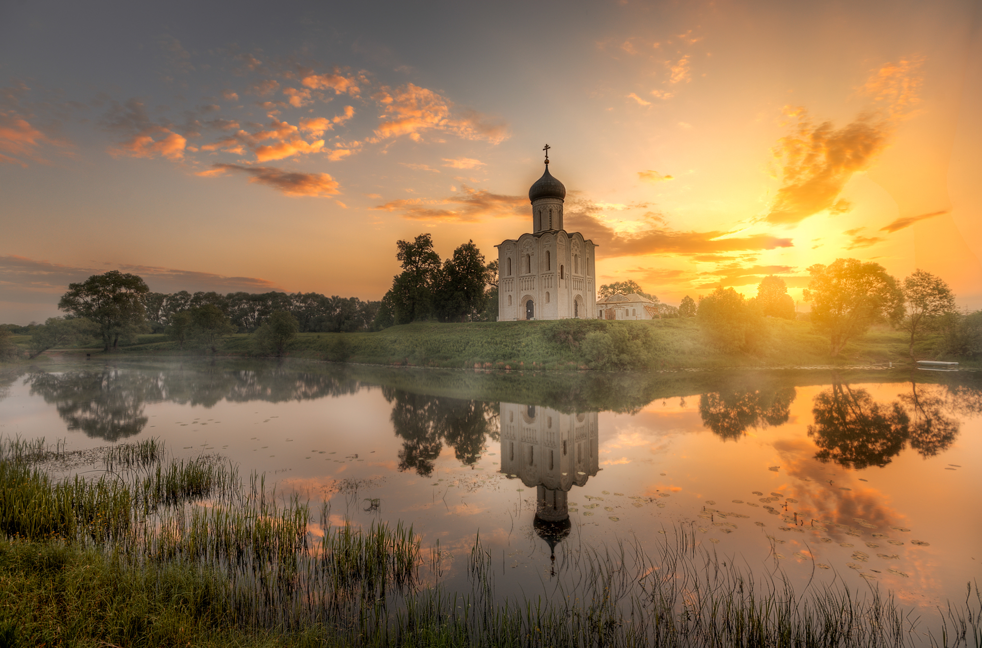 Free download wallpaper Building, Lake, Reflection, Sunrise, Church, Churches, Religious on your PC desktop
