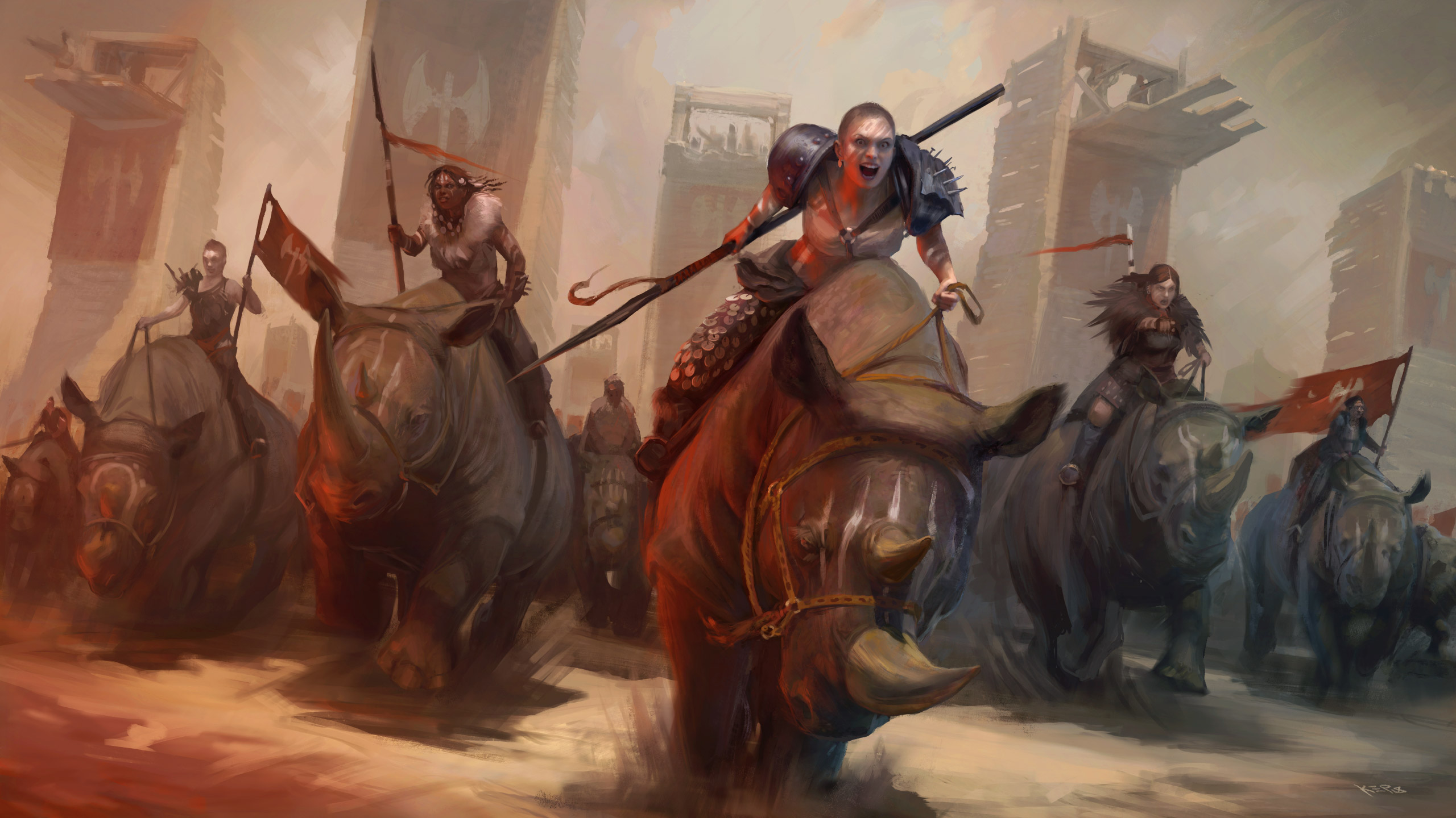 Download mobile wallpaper Fantasy, Spear, Women Warrior, Woman Warrior, Rhino for free.