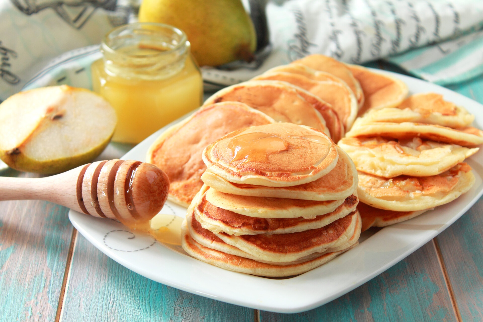 Free download wallpaper Food, Honey, Breakfast, Pear, Pancake on your PC desktop