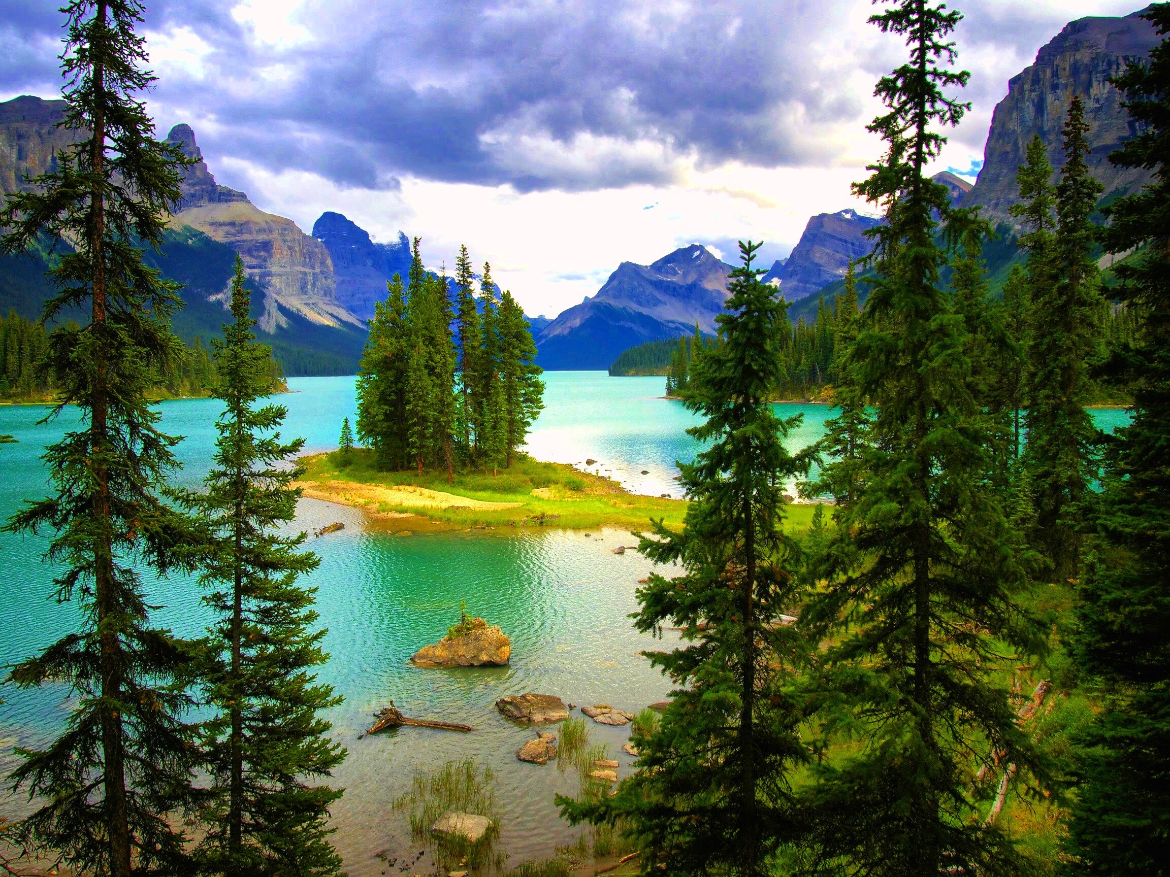 earth, lake, islet, mountain, pine, lakes HD wallpaper