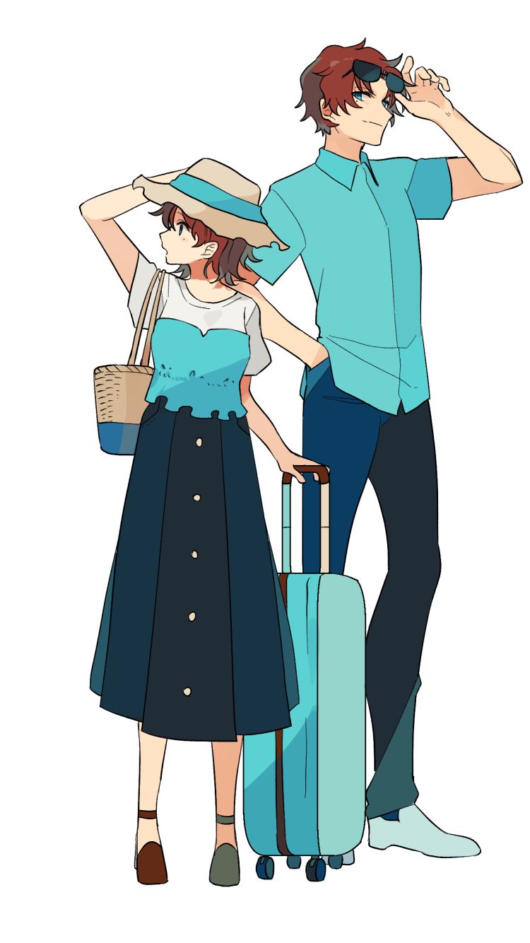 Download mobile wallpaper Anime, Couple, Bag, Glasses, Hat, Blue Eyes, Original, Brown Hair, Short Hair for free.