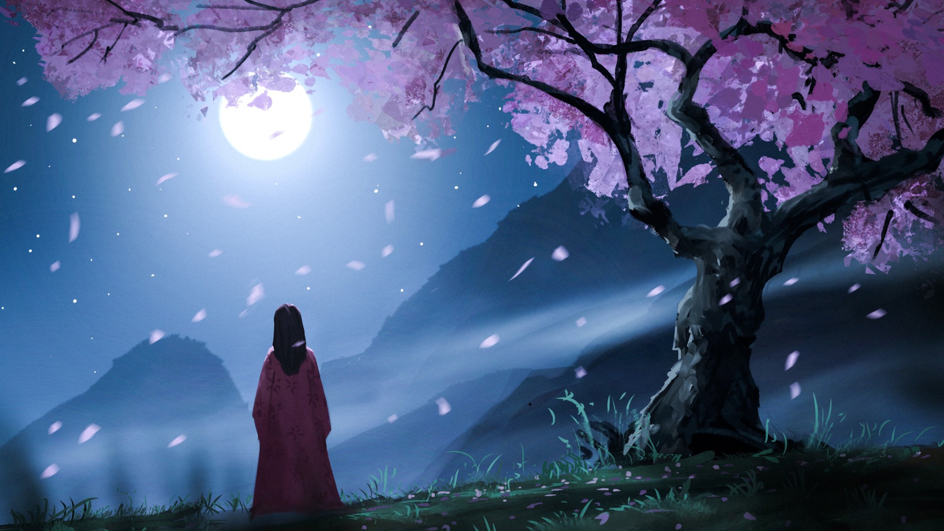 Download mobile wallpaper Anime, Night, Moon, Tree, Girl for free.
