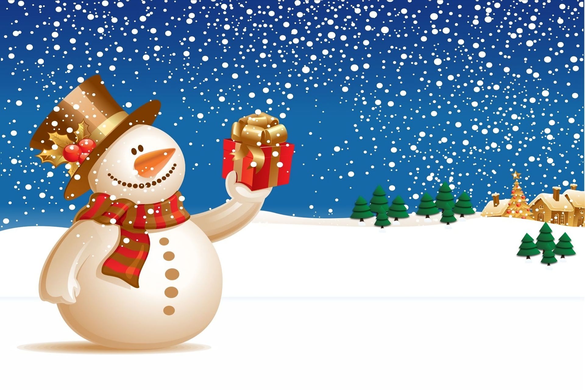 Скачать обои бесплатно Снег, Рождество, Снеговик, Подарки, Снегопад, Праздничные картинка на рабочий стол ПК