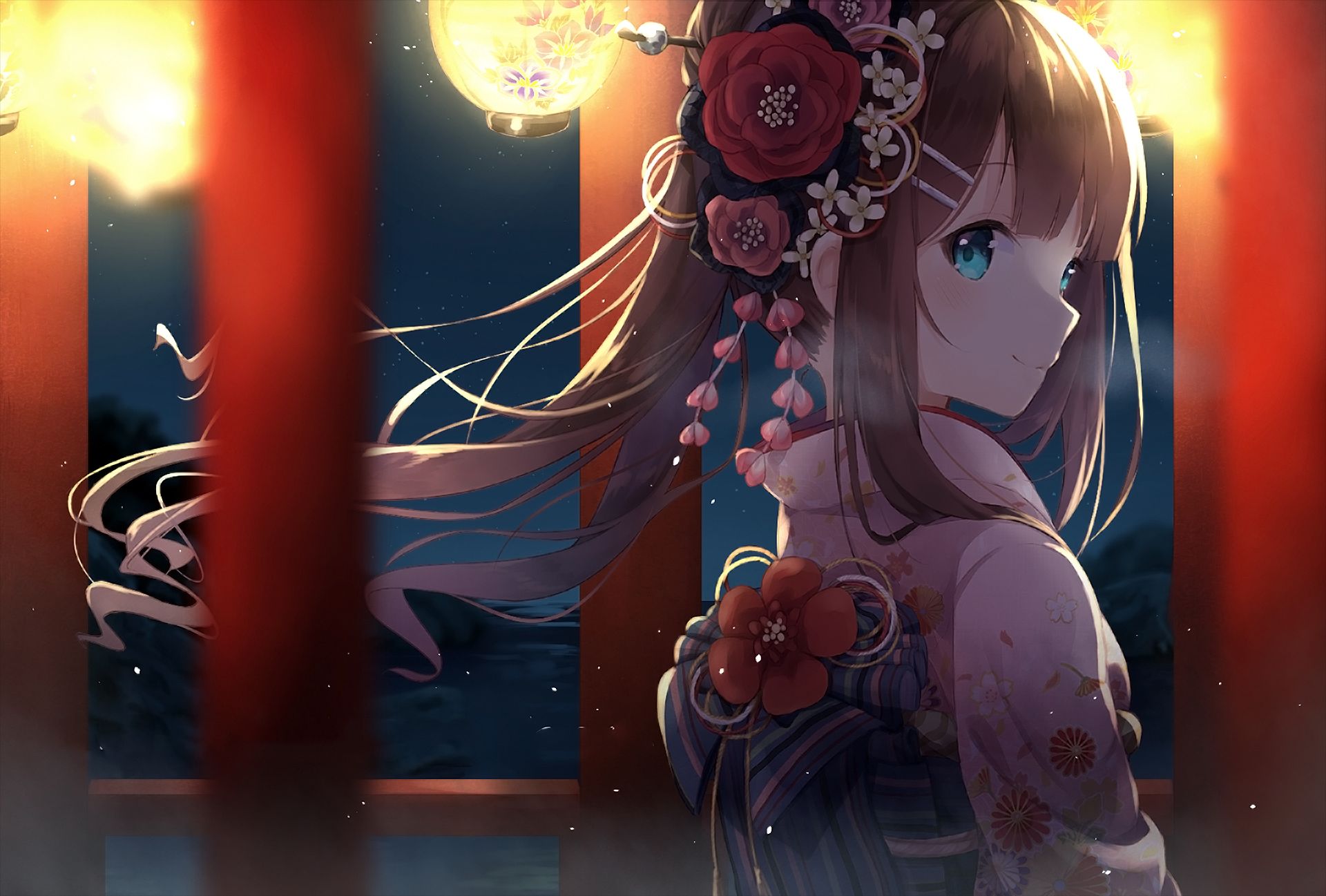 Free download wallpaper Anime, Night, Lantern, Kimono, Blue Eyes, Original, Long Hair, Bow (Clothing) on your PC desktop