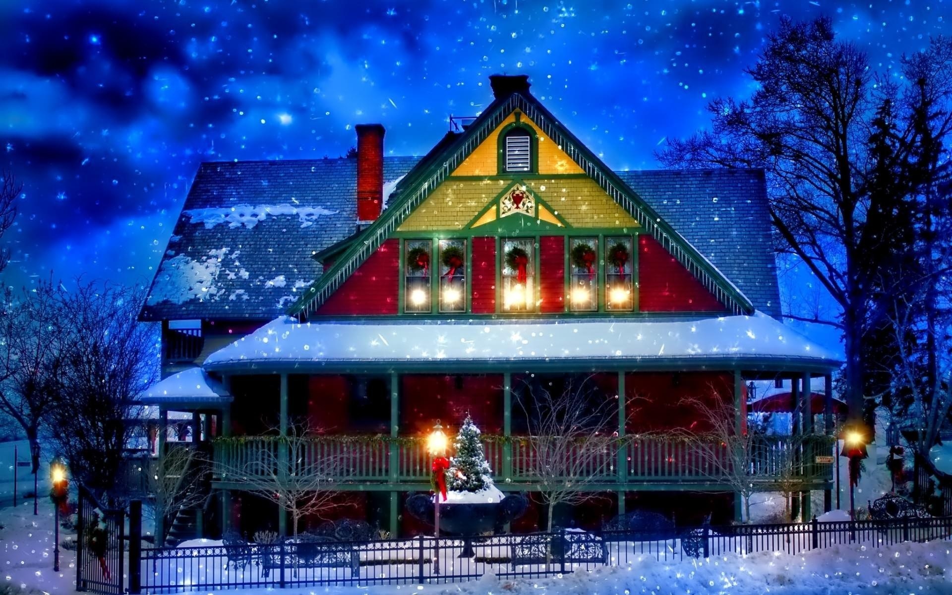 Download mobile wallpaper Night, Snow, Light, Christmas, Holiday, House, Decoration, Wreath, Snowfall for free.