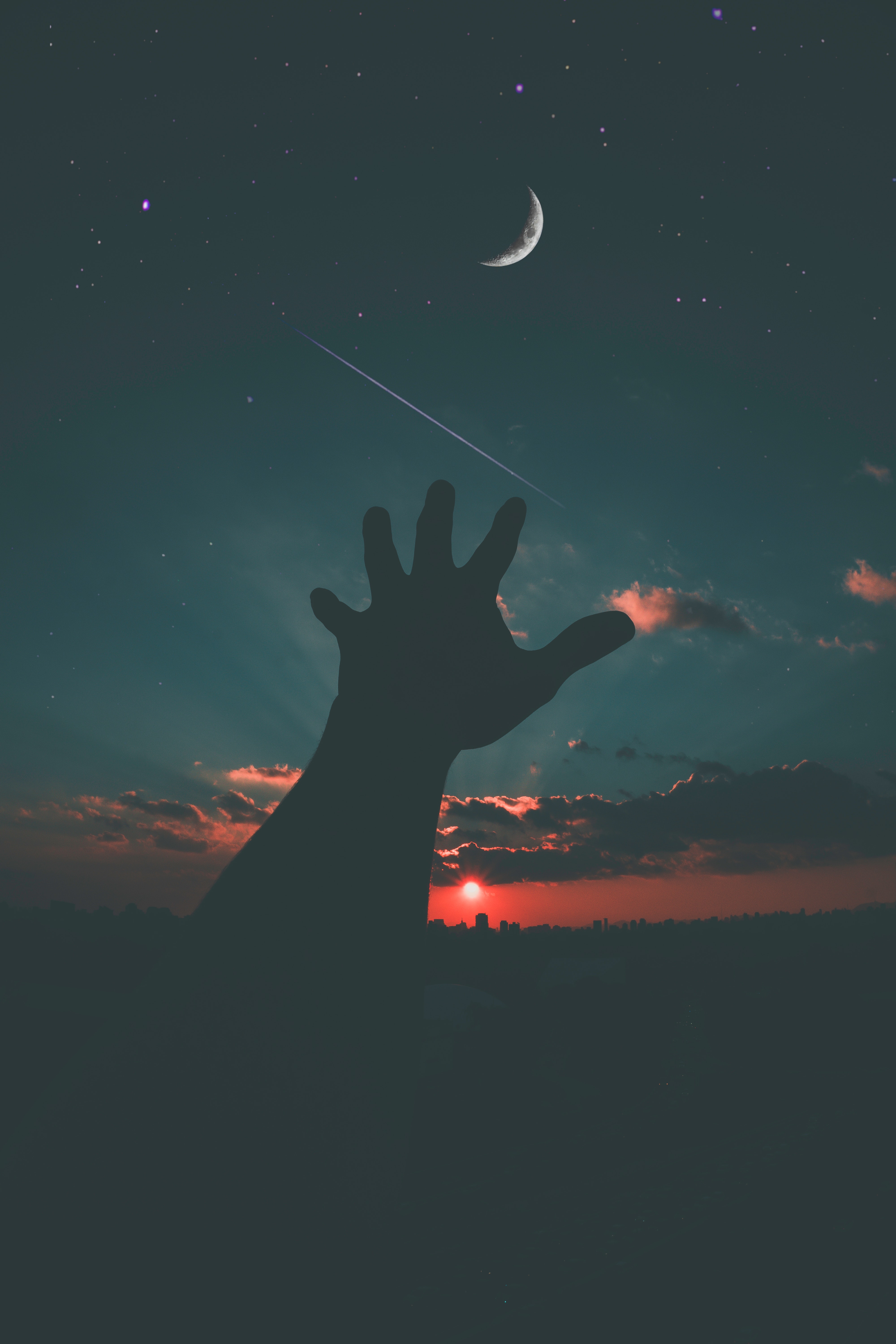 android moon, night, sky, dark, hand, starry sky