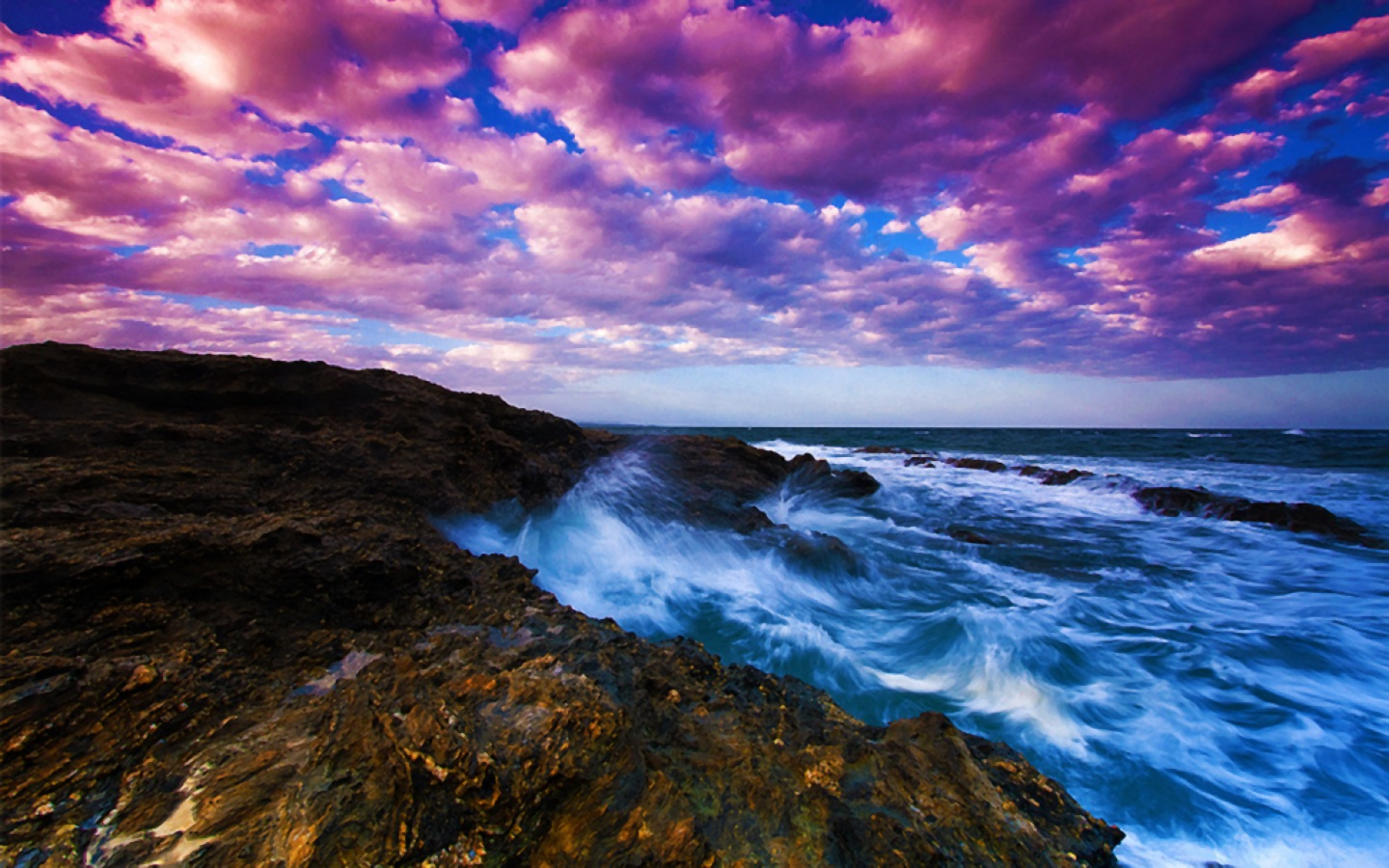 Download mobile wallpaper Sunset, Sky, Horizon, Ocean, Earth, Purple, Cloud, Wave for free.