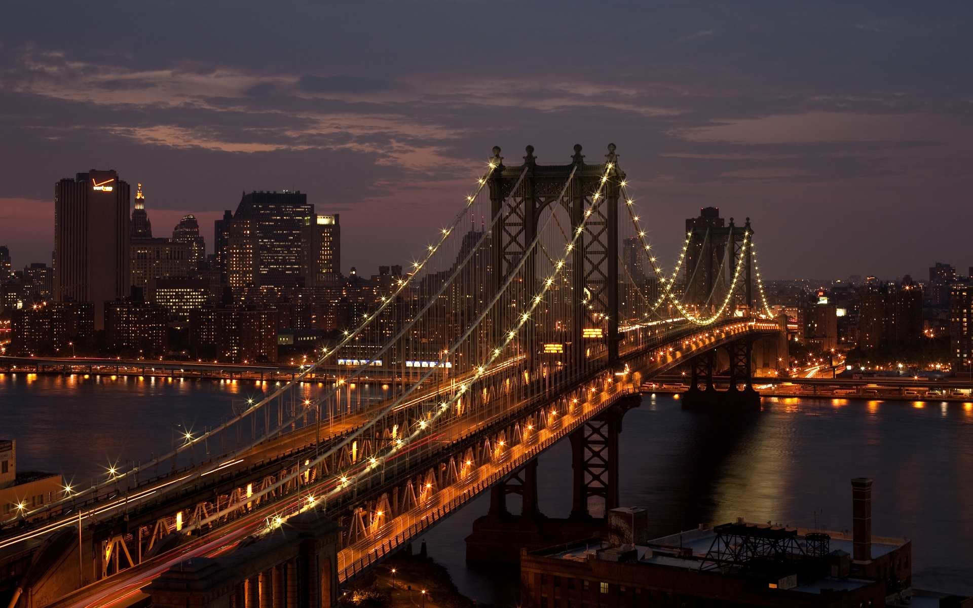 270517 télécharger l'image new york, construction humaine, pont de manhattan, ville, paysage urbain, lumière, manhattan, nuit, voie navigable, des ponts - fonds d'écran et économiseurs d'écran gratuits
