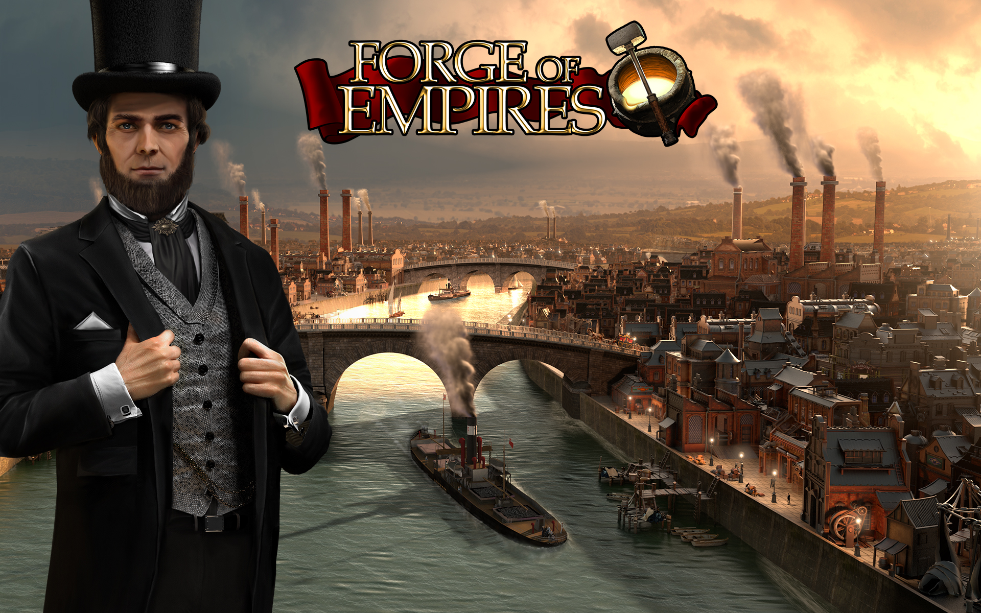 video game, forge of empires, bridge, city, industrial, river, ship, sunset, water