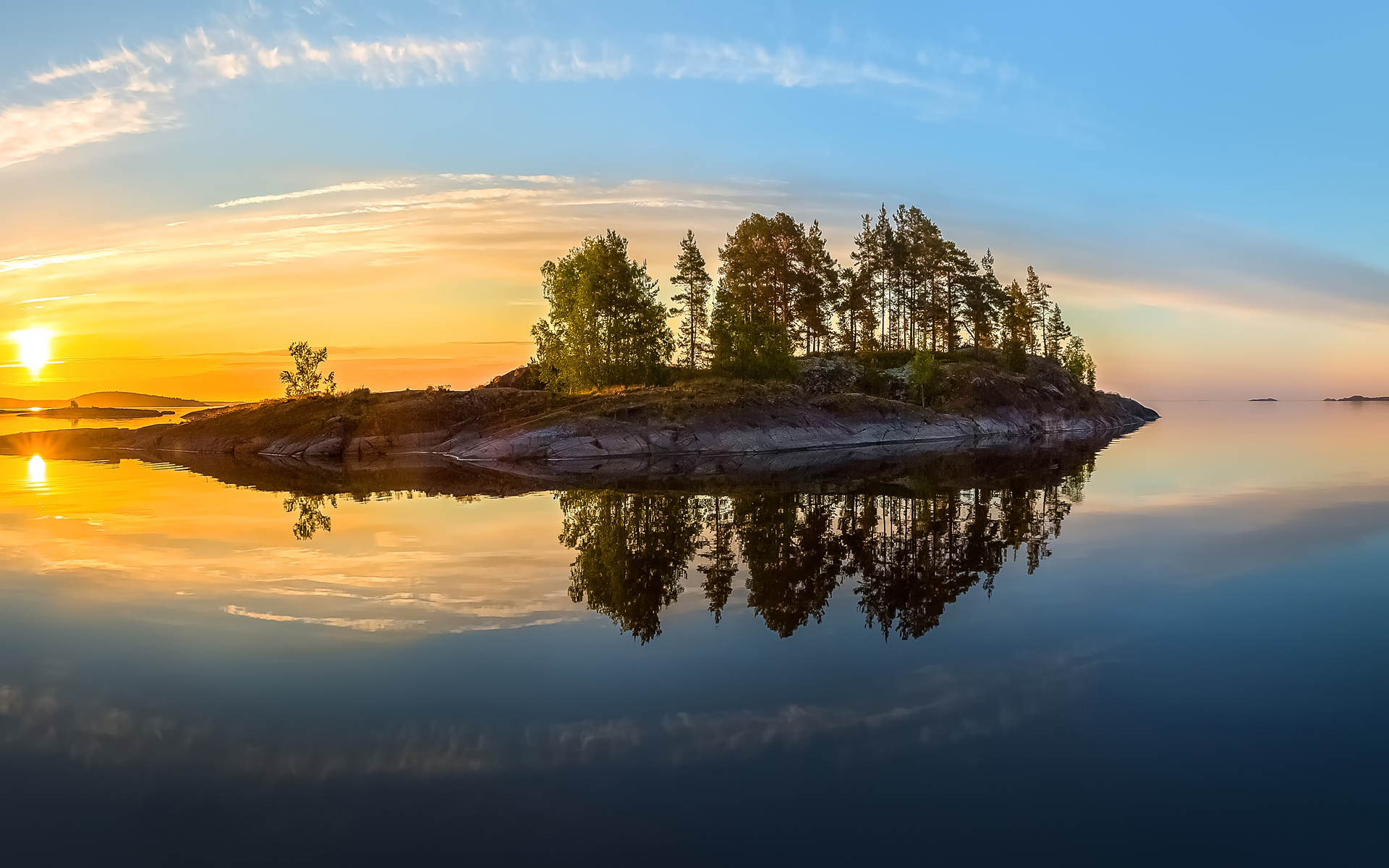 Free download wallpaper Landscape, Nature, Summer, Dawn, Reflection, Earth, Island, River on your PC desktop