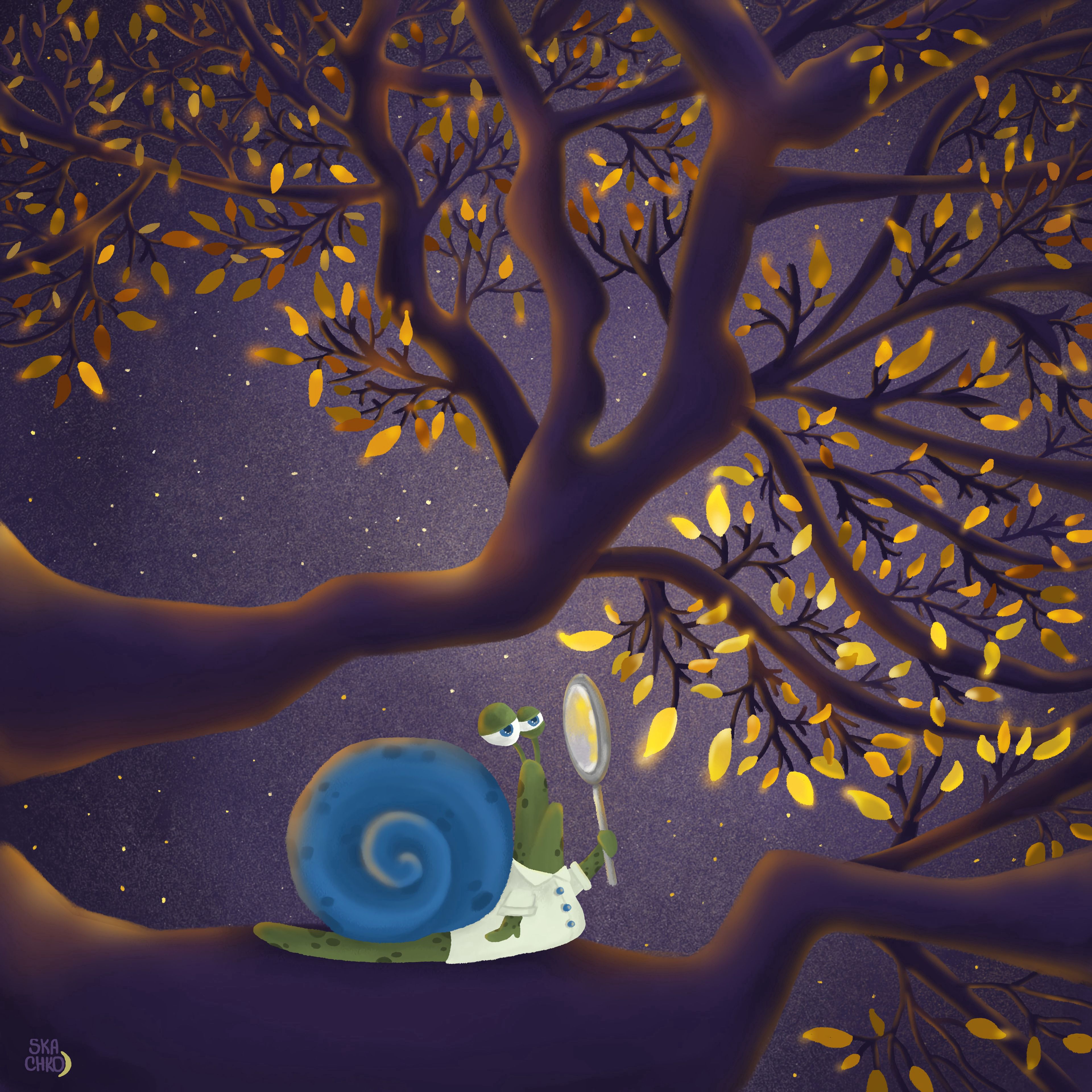 snail, art, leaves, branch, cool, magnifier