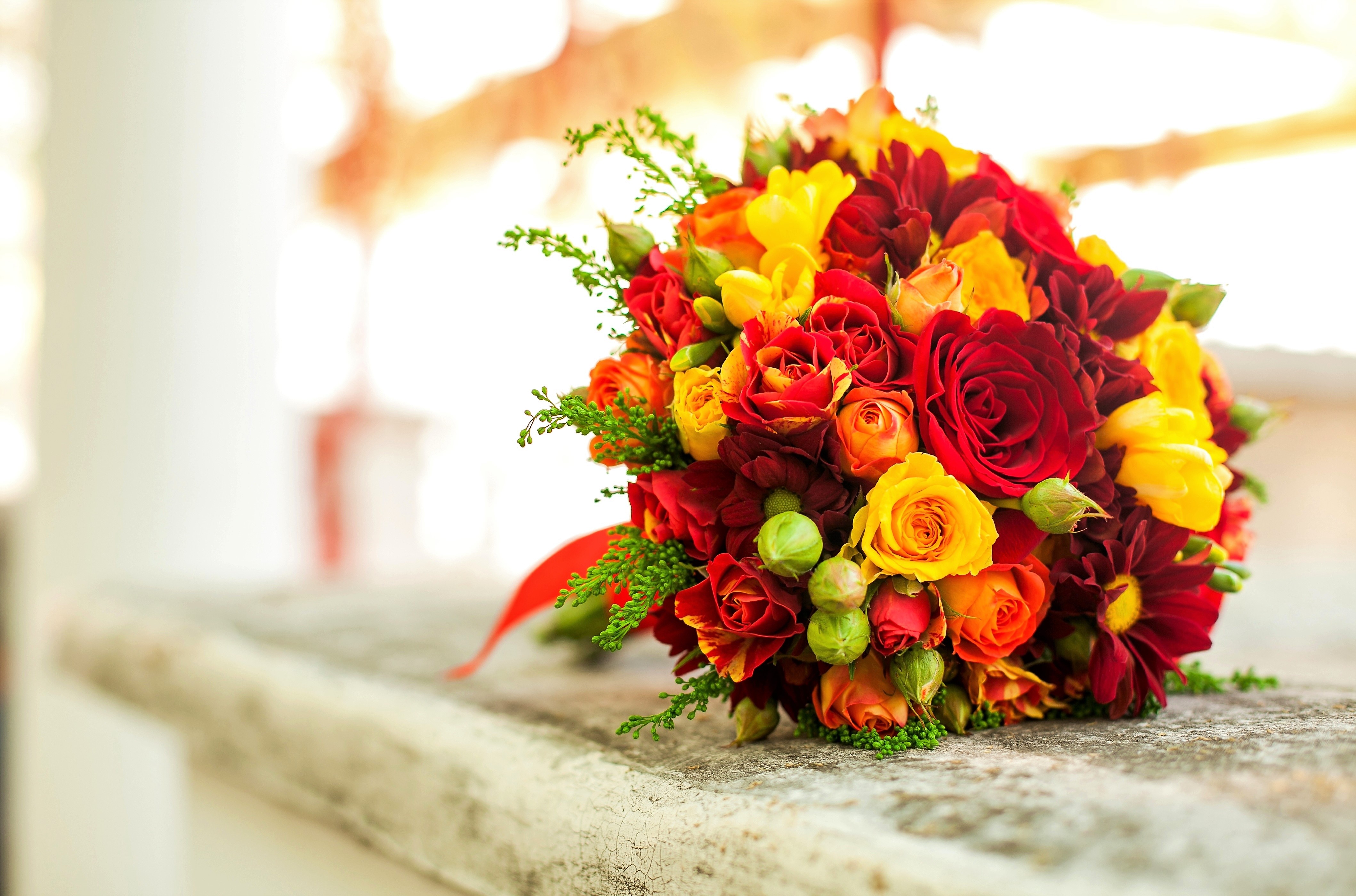 Download mobile wallpaper Flower, Bright, Bouquet, Colors, Colorful, Yellow Flower, Red Flower, Man Made for free.