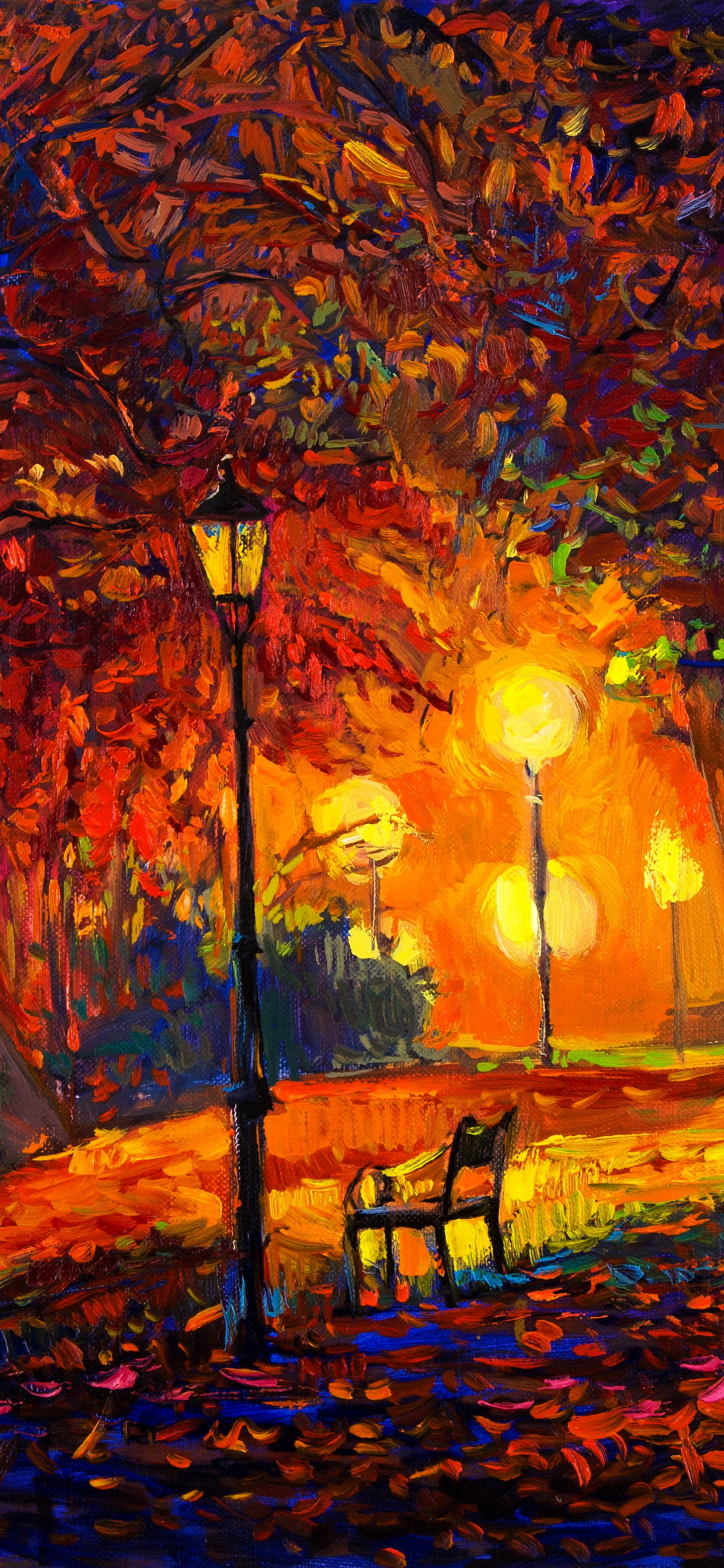 Download mobile wallpaper Light, Park, Fall, Colorful, Bench, Painting, Artistic for free.