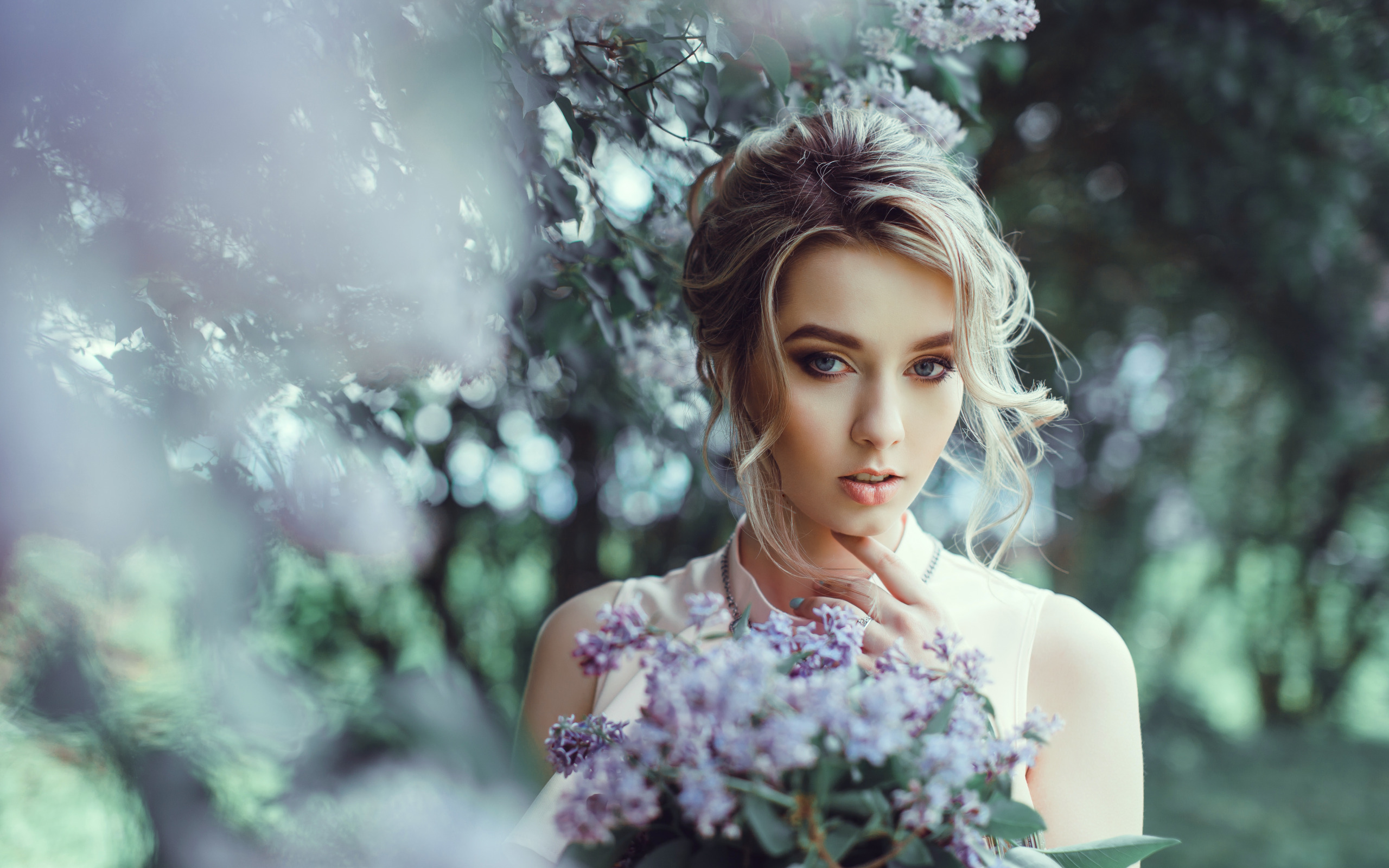 Download mobile wallpaper Flower, Blonde, Model, Women, Blue Eyes, Depth Of Field for free.