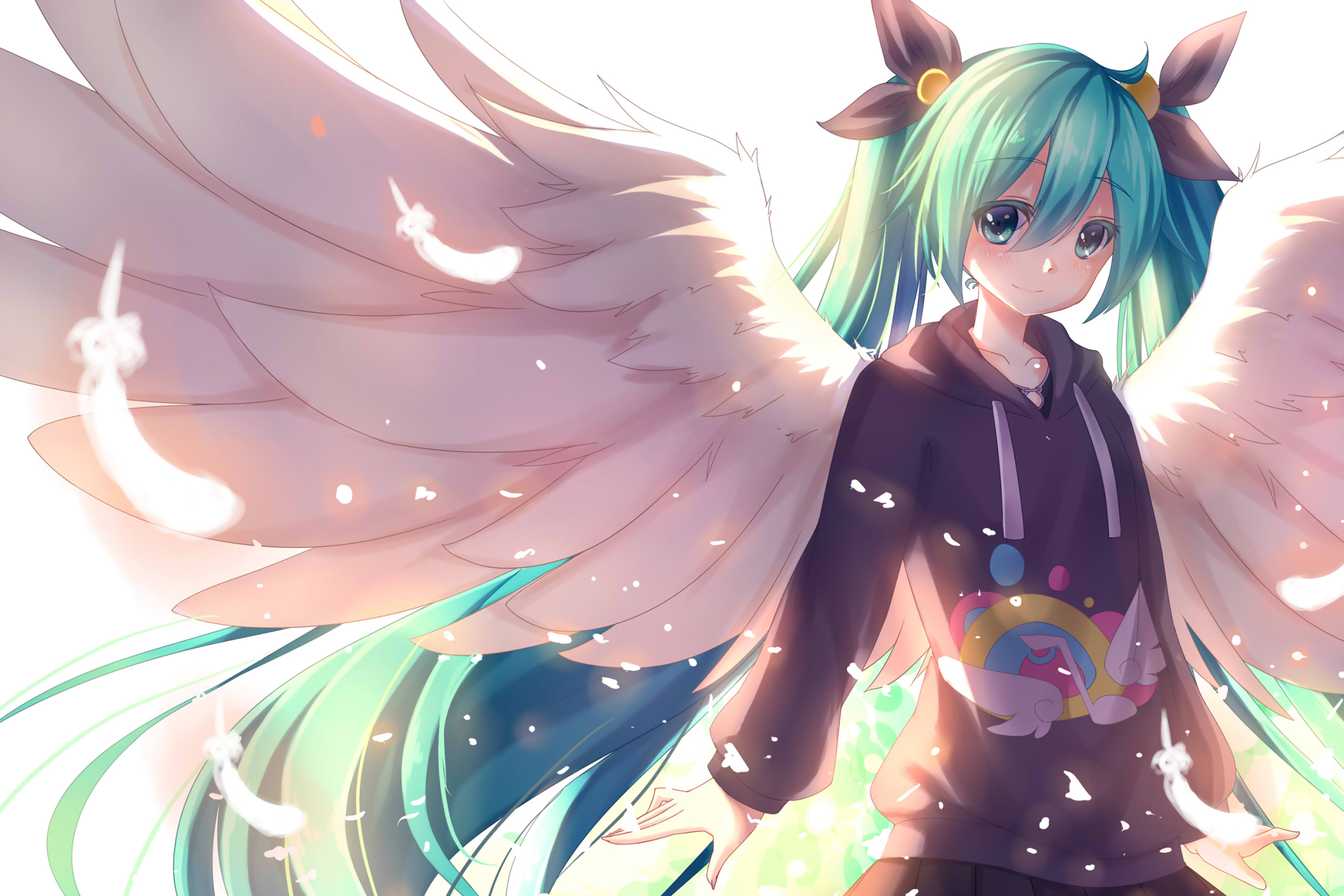 Download mobile wallpaper Anime, Feather, Wings, Angel, Vocaloid, Hatsune Miku, Long Hair, Aqua Eyes, Aqua Hair, Twintails for free.