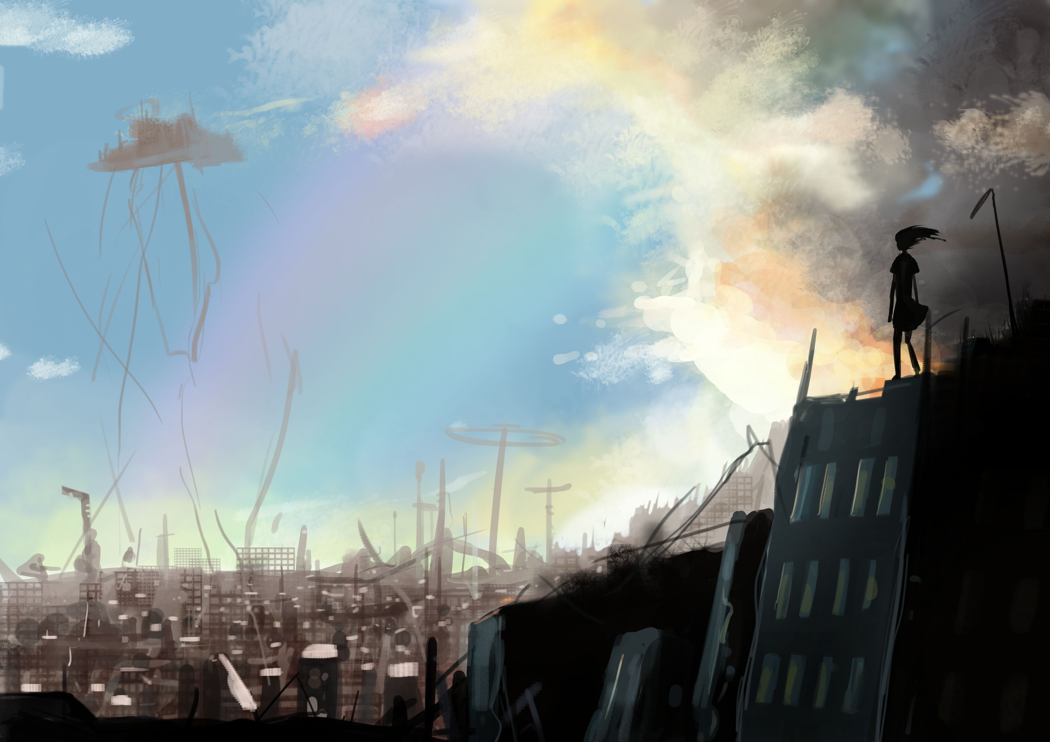 Free download wallpaper Anime, Sky, Town, Original on your PC desktop