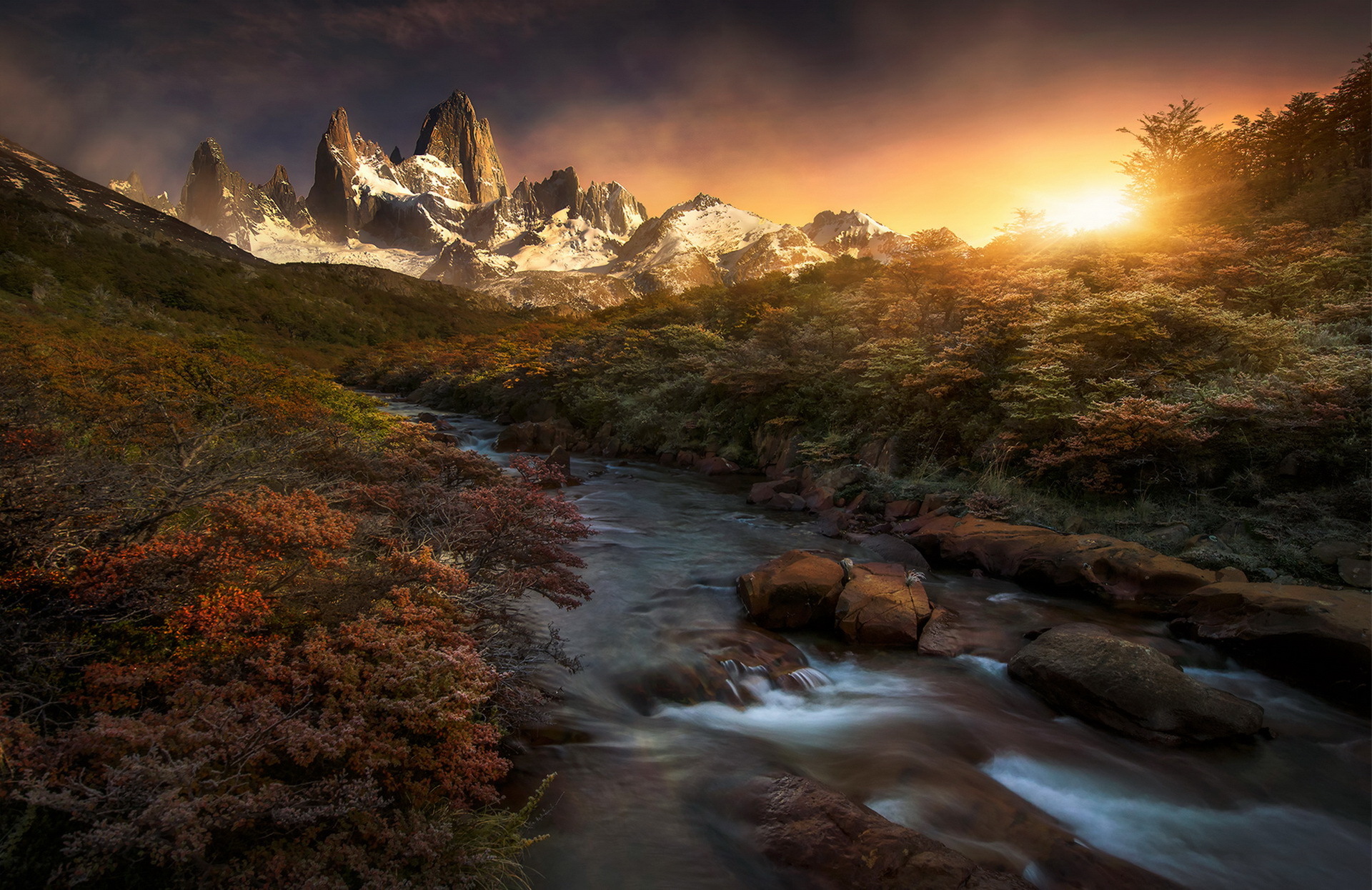 Free download wallpaper Nature, Mountain, Sunrise, Earth, Stream on your PC desktop