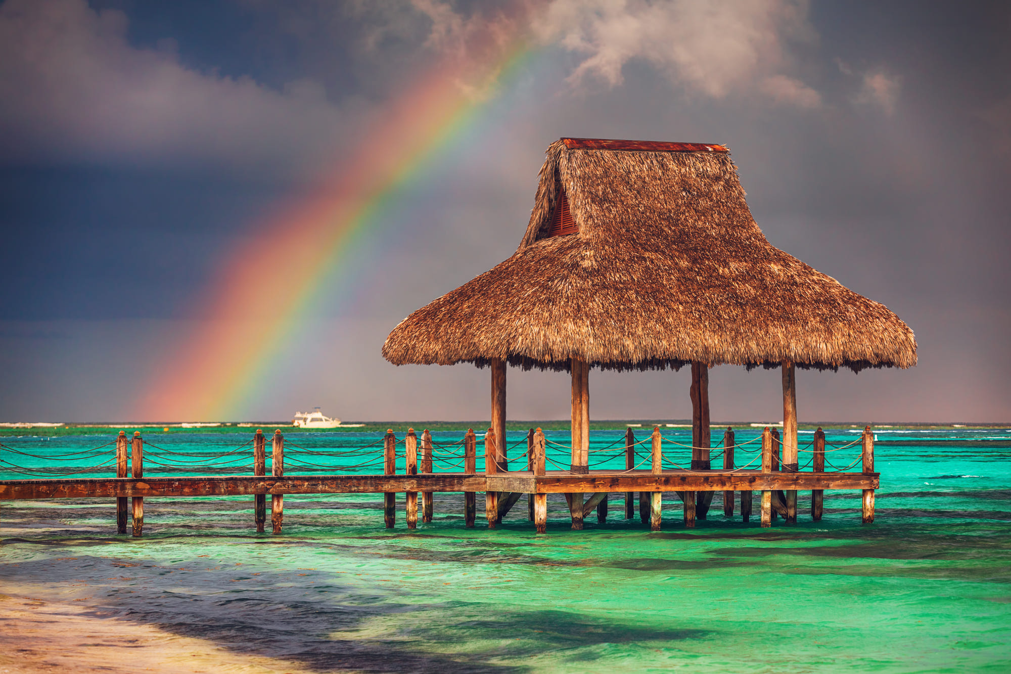 Laden Sie das Regenbogen, Horizont, Seebrücke, Ozean, Tropen, Tropisch, Hölzern, Meer, Himmel, Erde/natur-Bild kostenlos auf Ihren PC-Desktop herunter