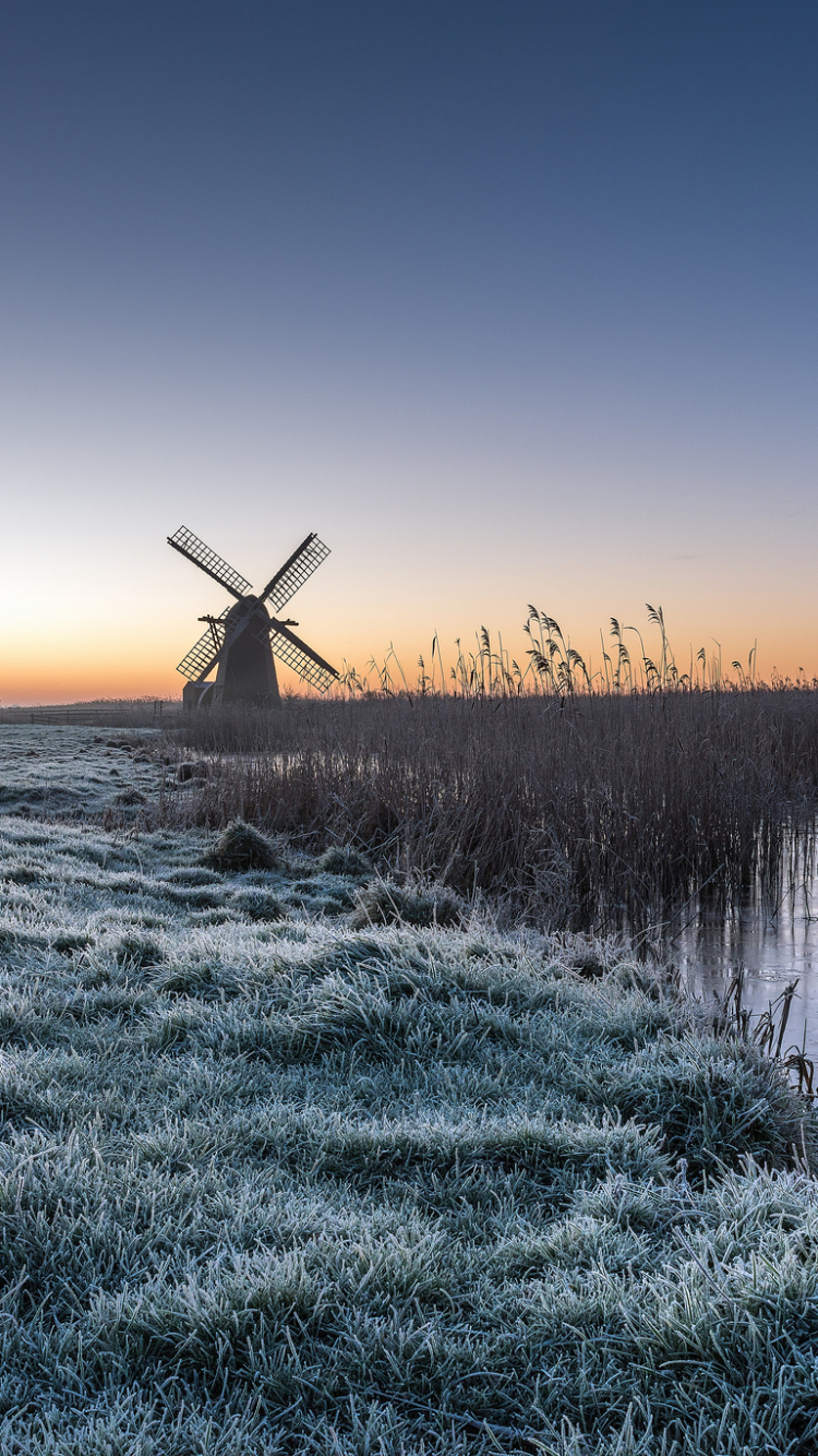 Handy-Wallpaper Landschaft, Natur, Sonnenaufgang, Gras, Windmühle, Menschengemacht kostenlos herunterladen.