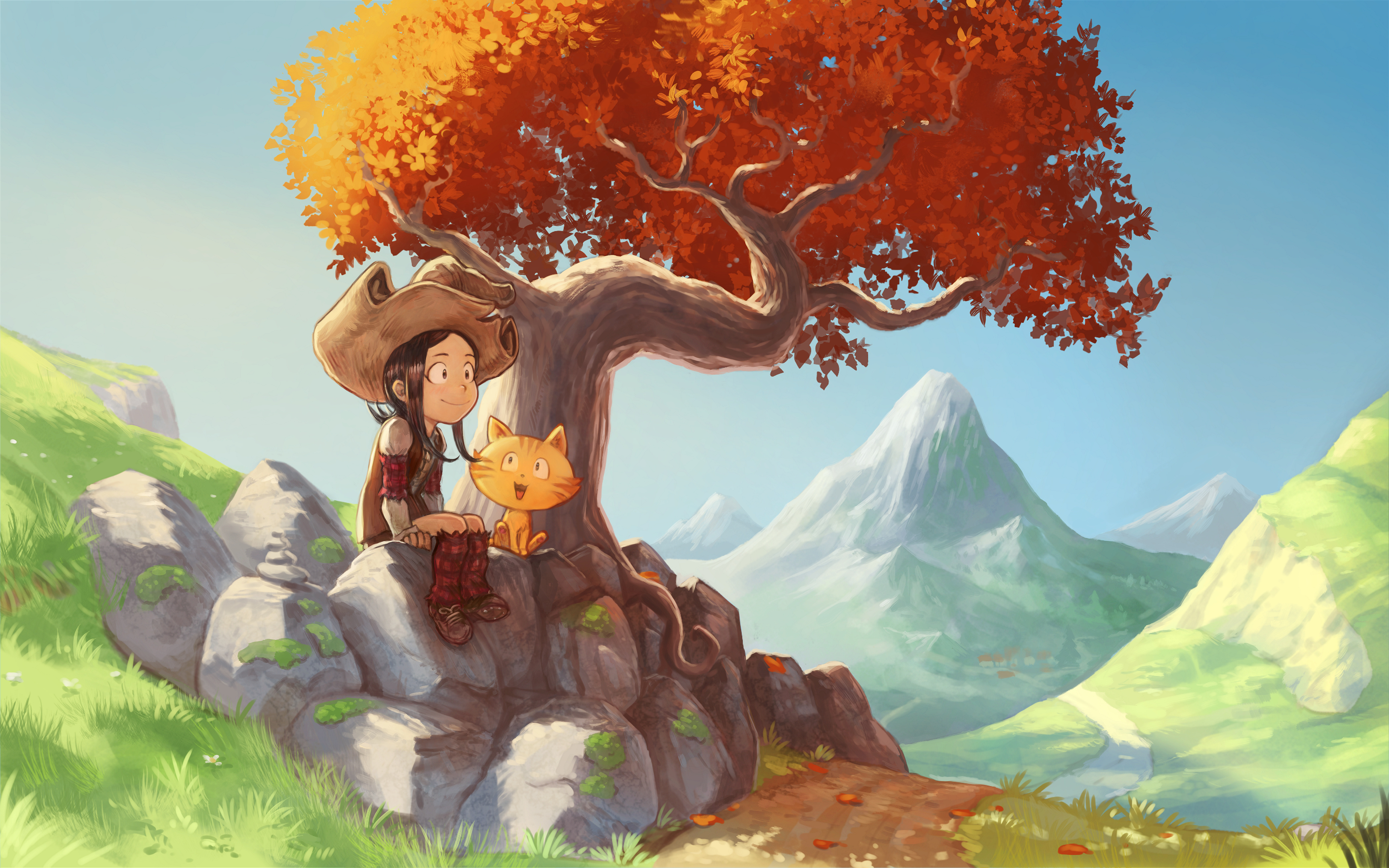 Download mobile wallpaper Fantasy, Cat, Tree, Child, Hat, Little Girl for free.