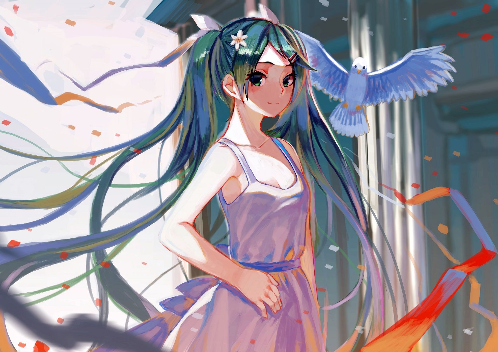 Free download wallpaper Anime, Flower, Bird, Smile, Vocaloid, Ribbon, Blue Eyes, Blue Hair, Pigeon, Hatsune Miku, Twintails, White Dress on your PC desktop