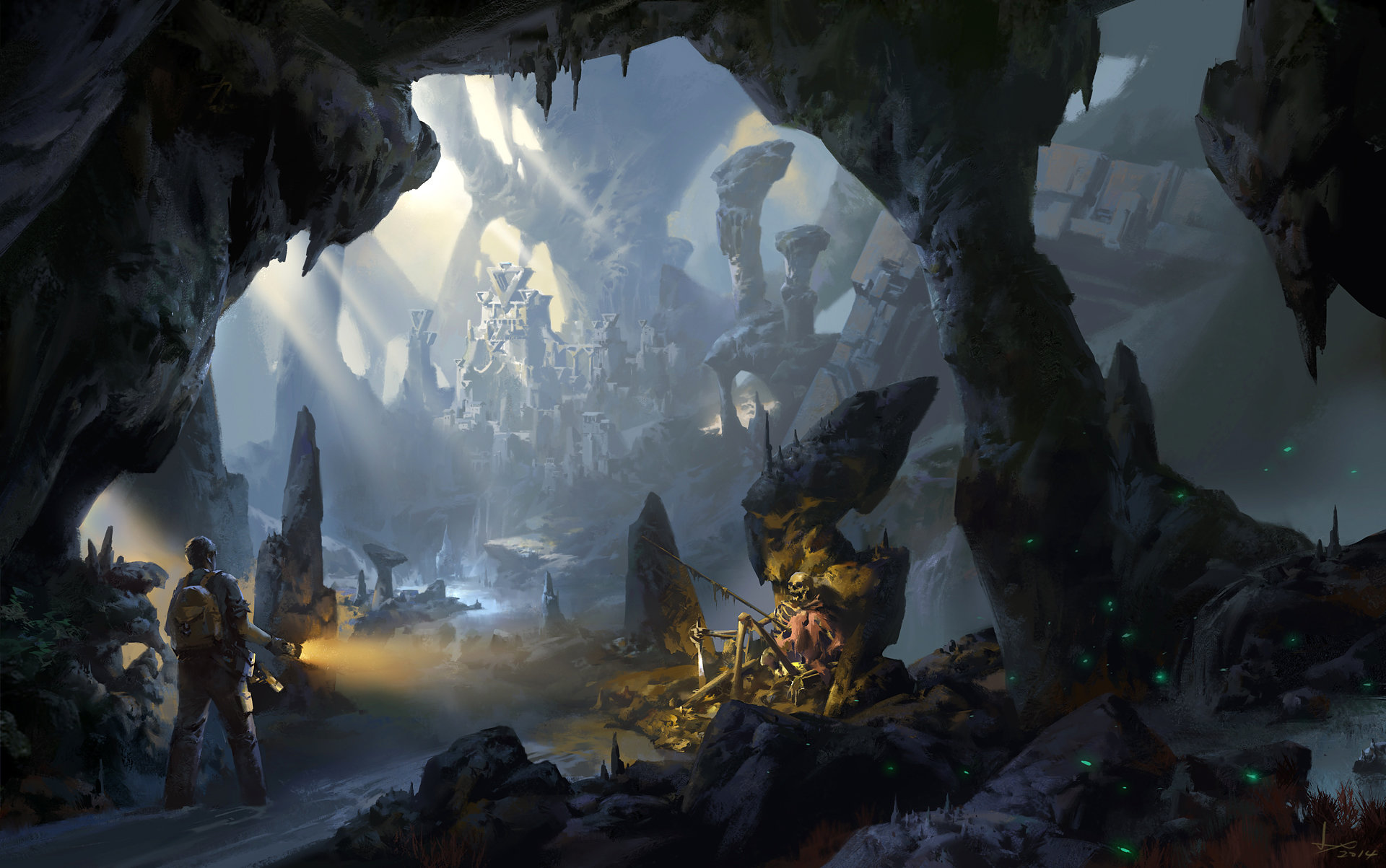 fantasy, ruin, adventurer, cave, flashlight, landscape, skeleton, sunlight