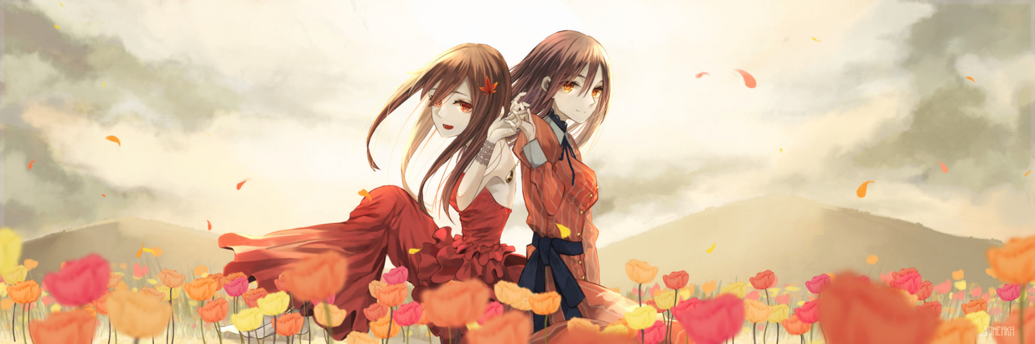 Free download wallpaper Anime, Flower, Original, Red Eyes, Long Hair, Brown Hair on your PC desktop