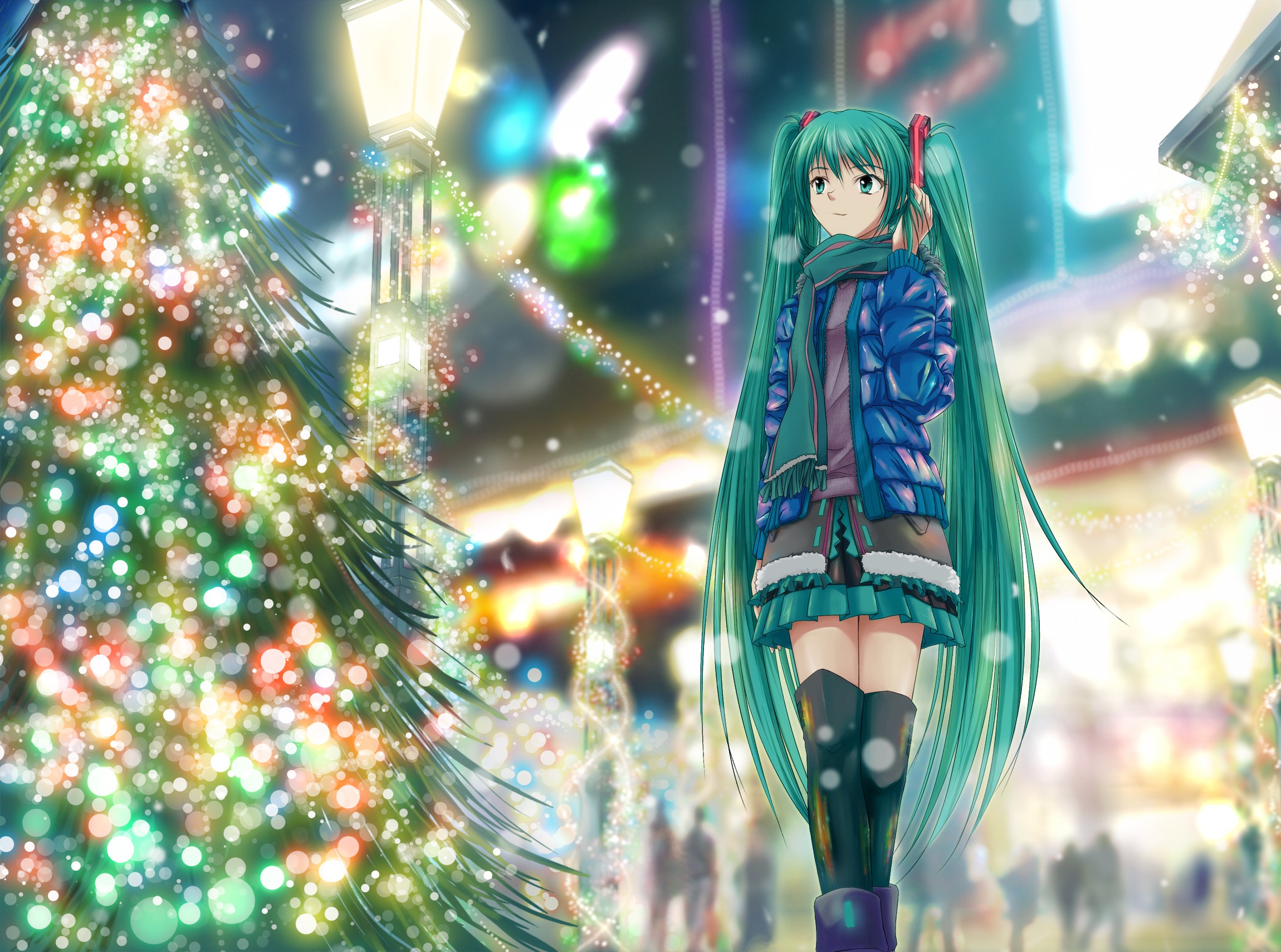 Laden Sie das Weihnachten, Weihnachtsbaum, Vocaloid, Hatsune Miku, Animes, Weihnachtsbeleuchtung-Bild kostenlos auf Ihren PC-Desktop herunter