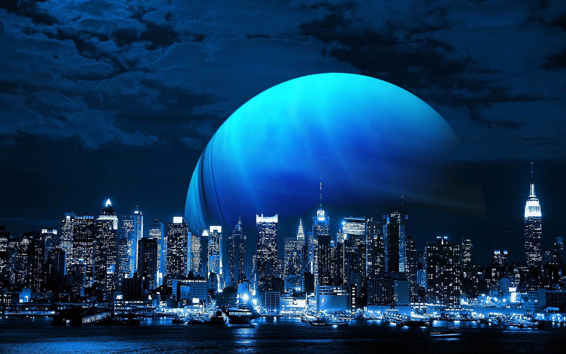 Descarga gratuita de fondo de pantalla para móvil de Fantasía, Luna, Ciudad, Rascacielos, Planeta.