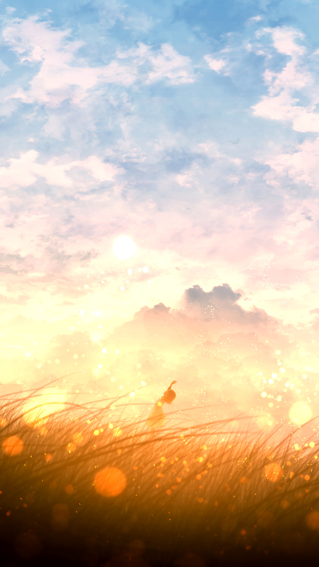 Download mobile wallpaper Anime, Sunset, Sky, Field, Cloud for free.