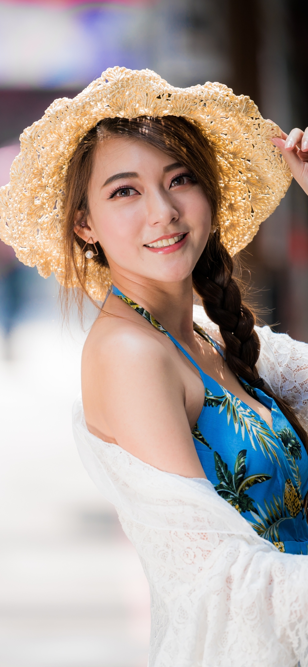 Download mobile wallpaper Smile, Hat, Brunette, Model, Women, Braid, Asian for free.