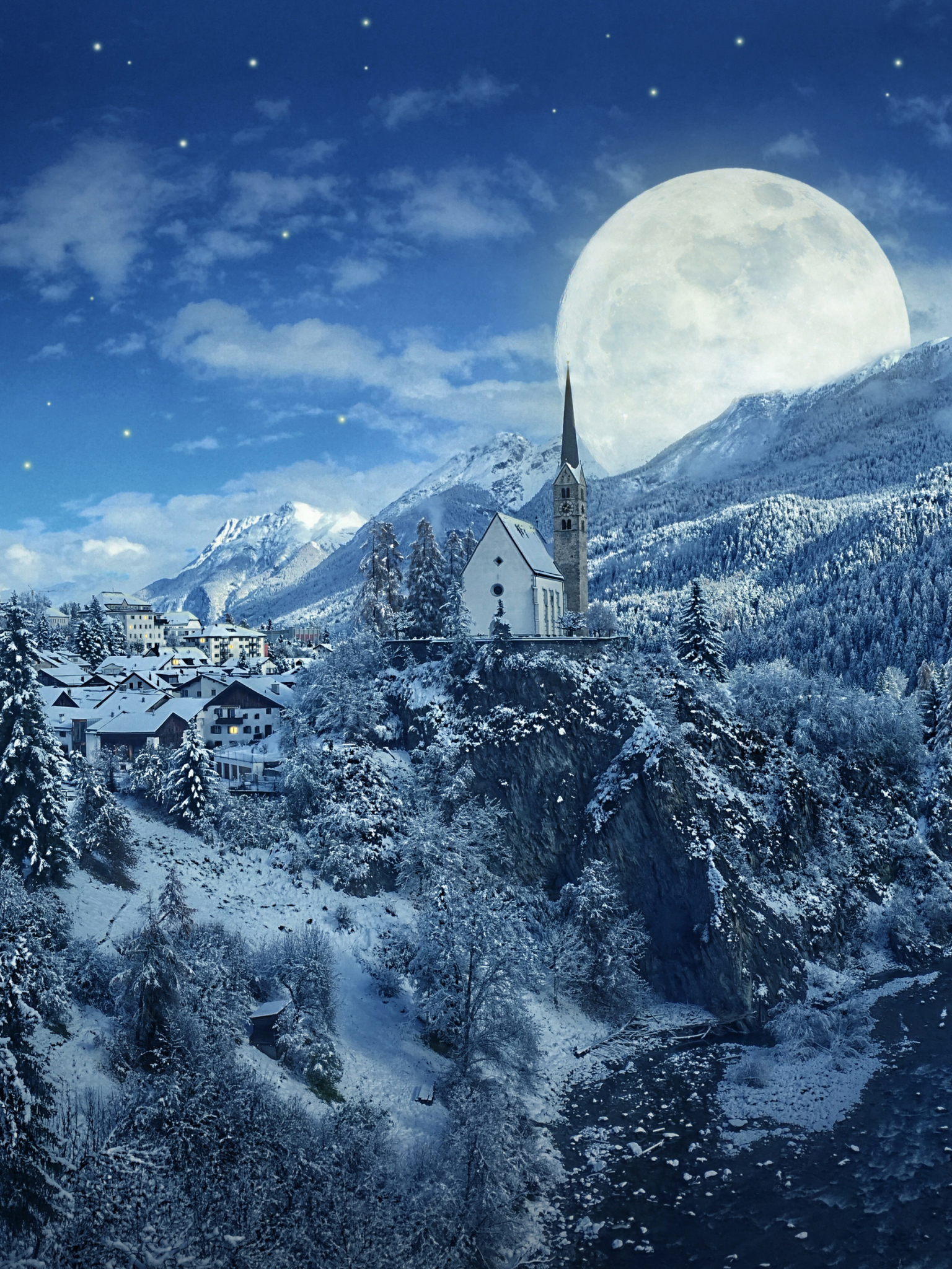 Download mobile wallpaper Landscape, Winter, Moon, Snow, Mountain, Tree, House, Photography, Town for free.